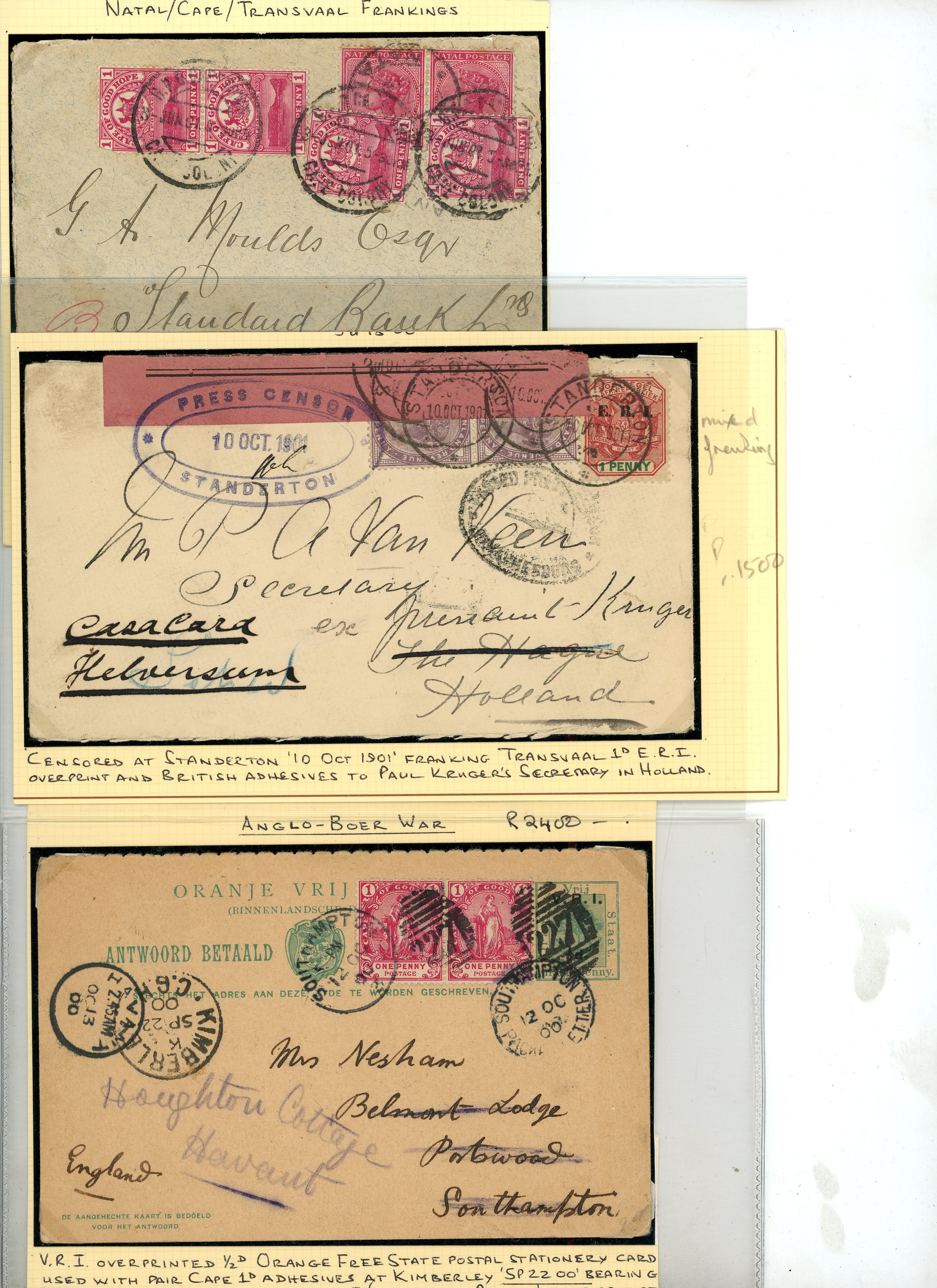 BOER WAR: selection of covers including cover to Durban with “OPENED UNDER MARTIAL LAW” censor label,
