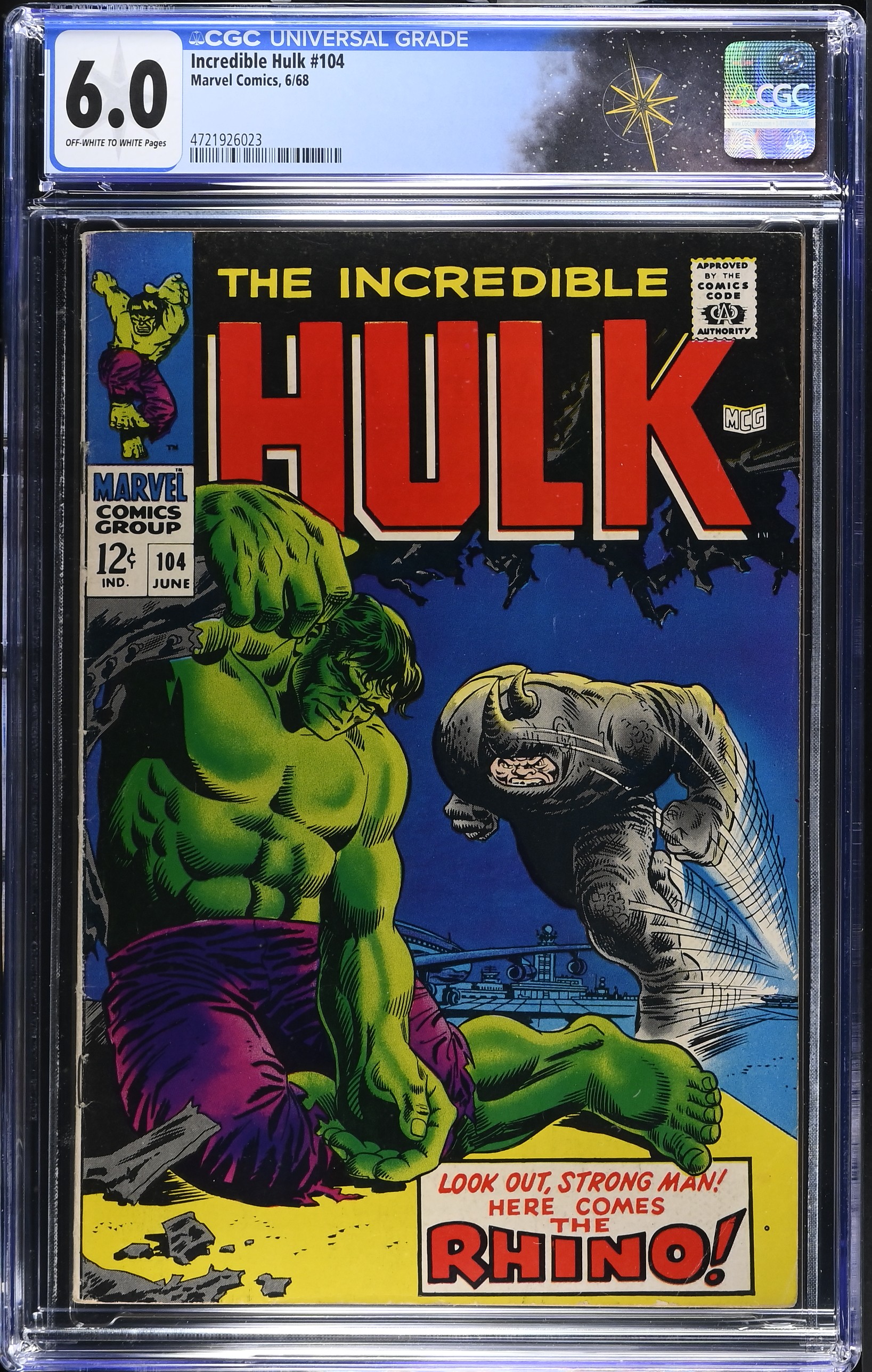 Incredible Hulk #104 CGC 6.0 "Ring Around the Rhino!" Marie Severin Cover (Marvel Comics, 1968) Off-White to White Pages