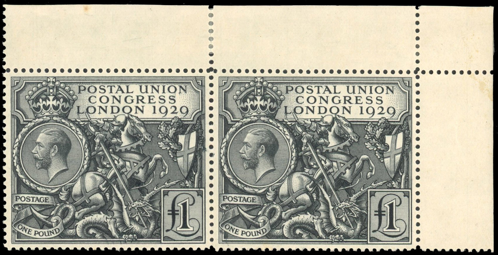 GB 1929 PUC £1 black, top right corner marginal pair, unmounted mint o.g., (mounted in margin only)
