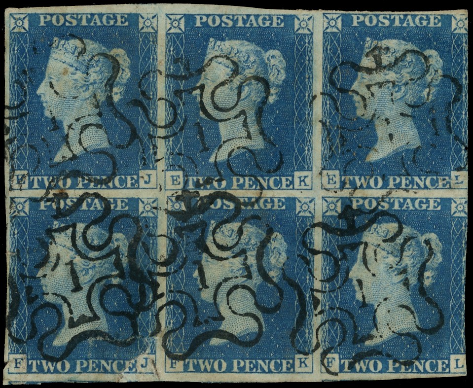 1840 2d Blue Pl.1. Used block of six (EJ-FL) London No.1...