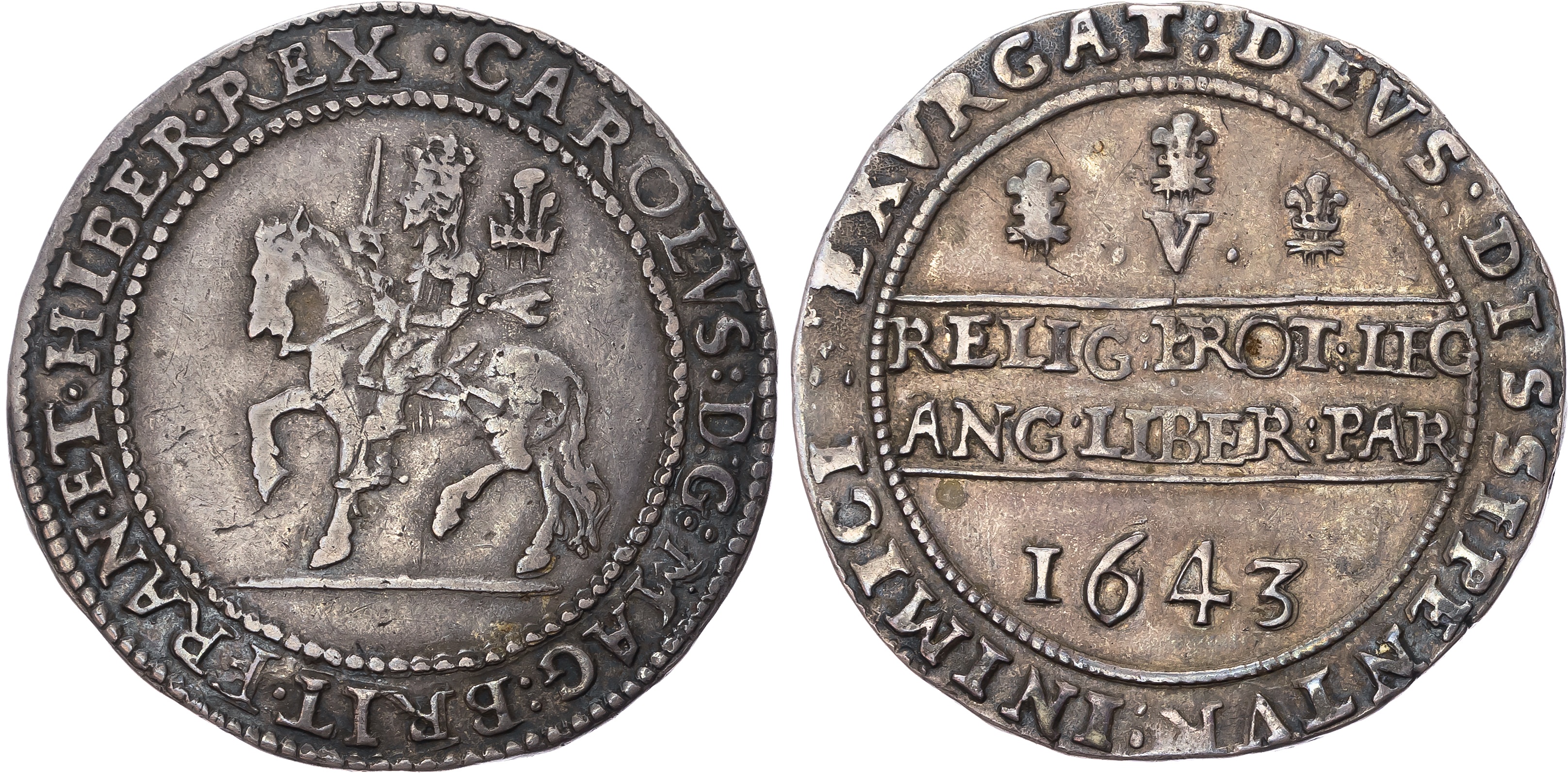 Charles I (1625-1649) Crown, Oxford mint, 1643, Shrewsbury die with groundline, no mintmark. King on horseback left, hol…