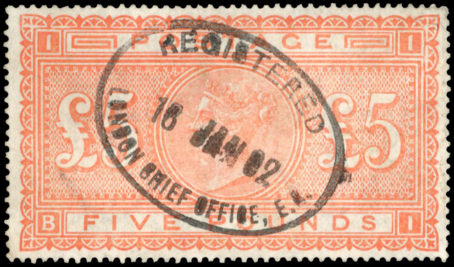 1882 £5 orange, cancelled by central oval registered date stamp for ‘16 JAN 02’ SG 137