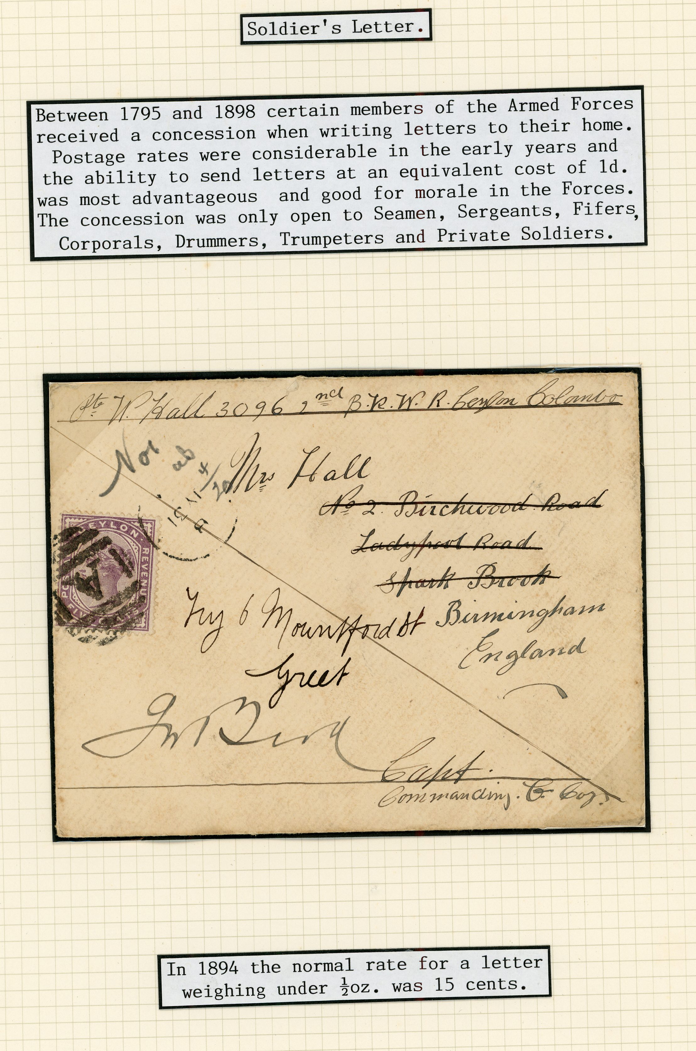 Ceylon 1894 Soldier's Letter to England