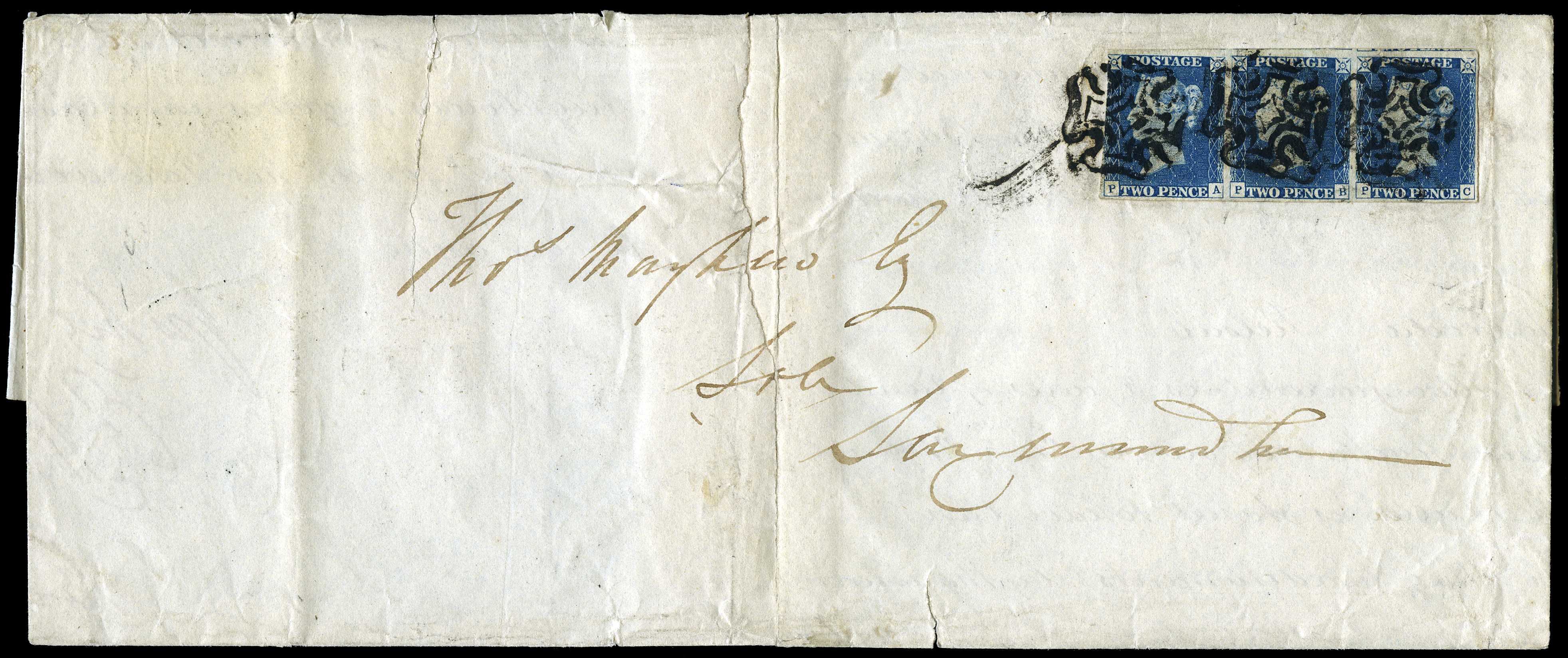 1840 2d blue in strip of 3 on cover, Plate...