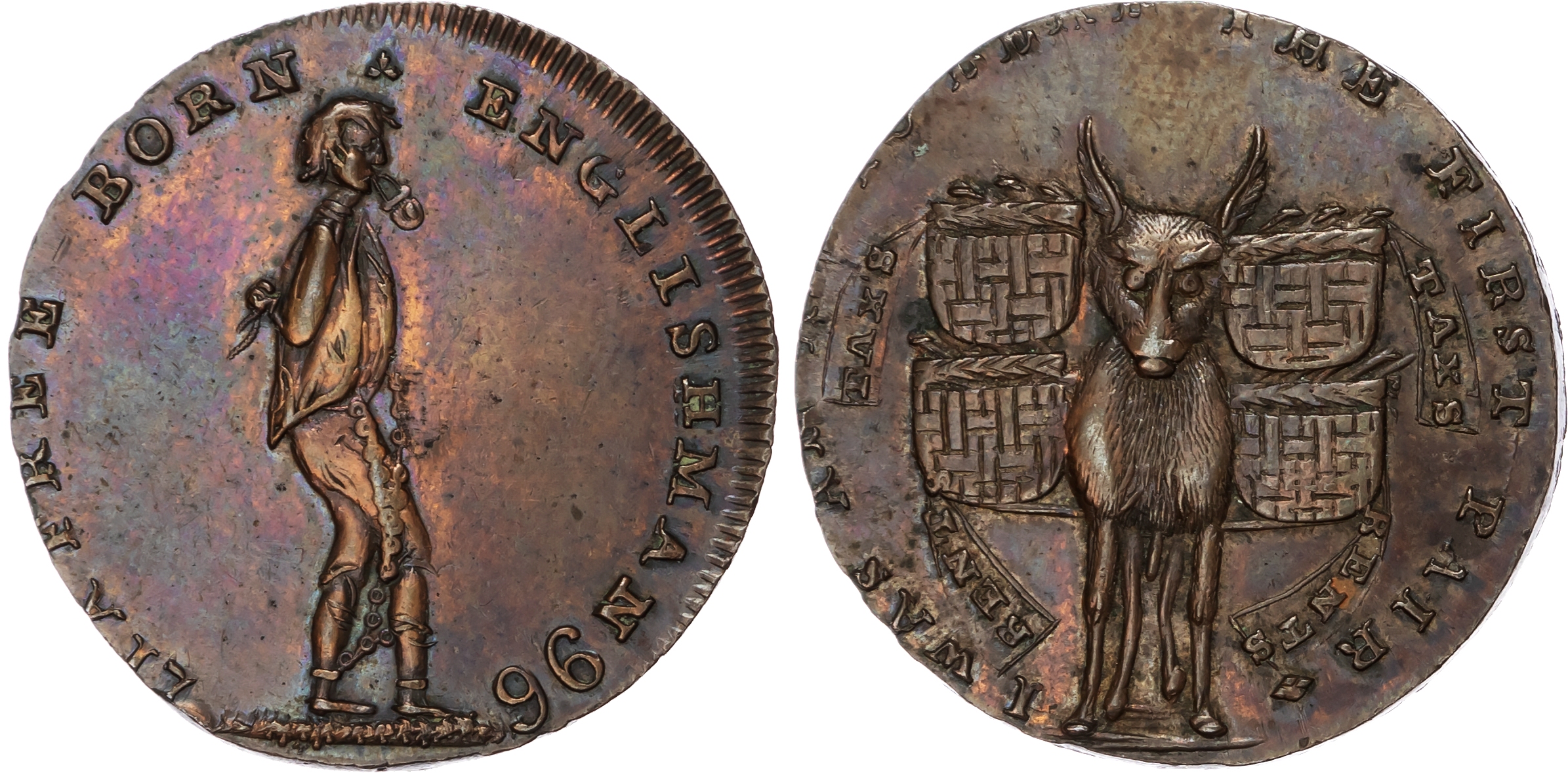 London, Holborn, Thomas Spence Halfpenny 1796, An ass overladen with paniers of rents and taxes, rev. A shackl…
