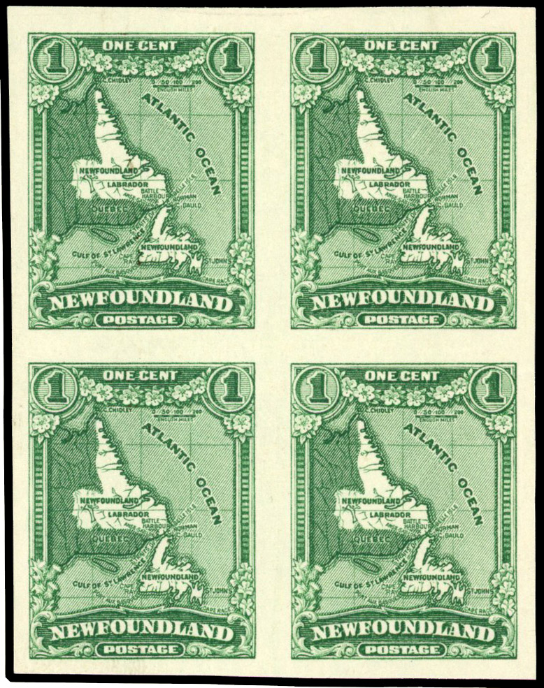 Newfoundland 1929-31 1c green, imperforate Block of four S.G. 179c cat £320+