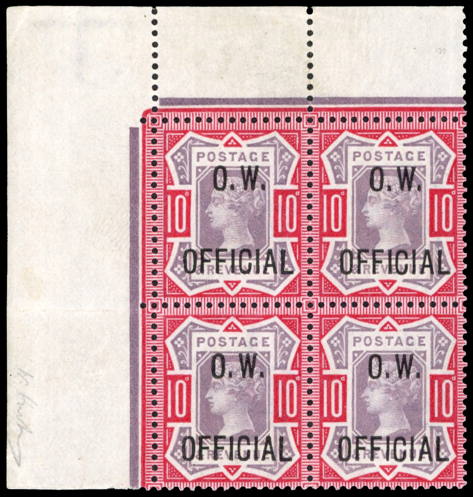SG O35 O.W. Official 1902 QV 10d dull purple and carmine block mint