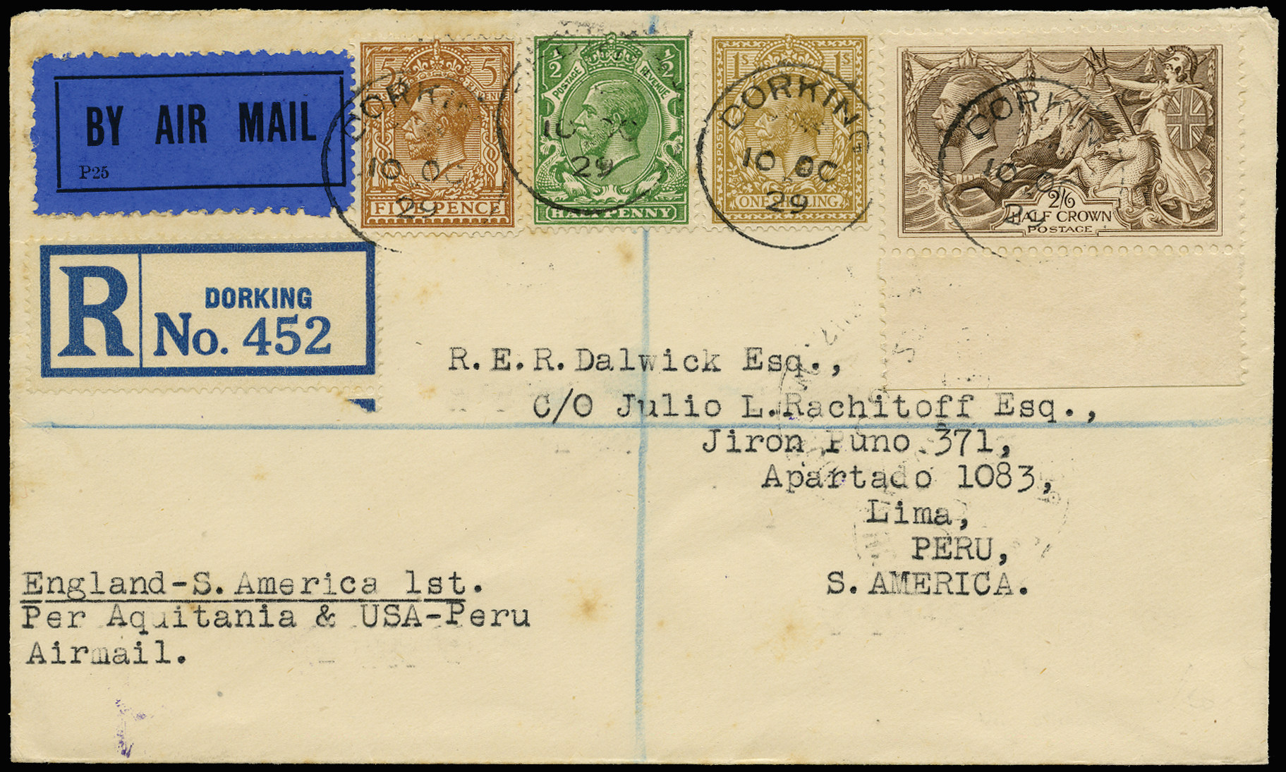 GB 1929  SG415a,418,425,429 Cover - Registered Air Mail to Peru
