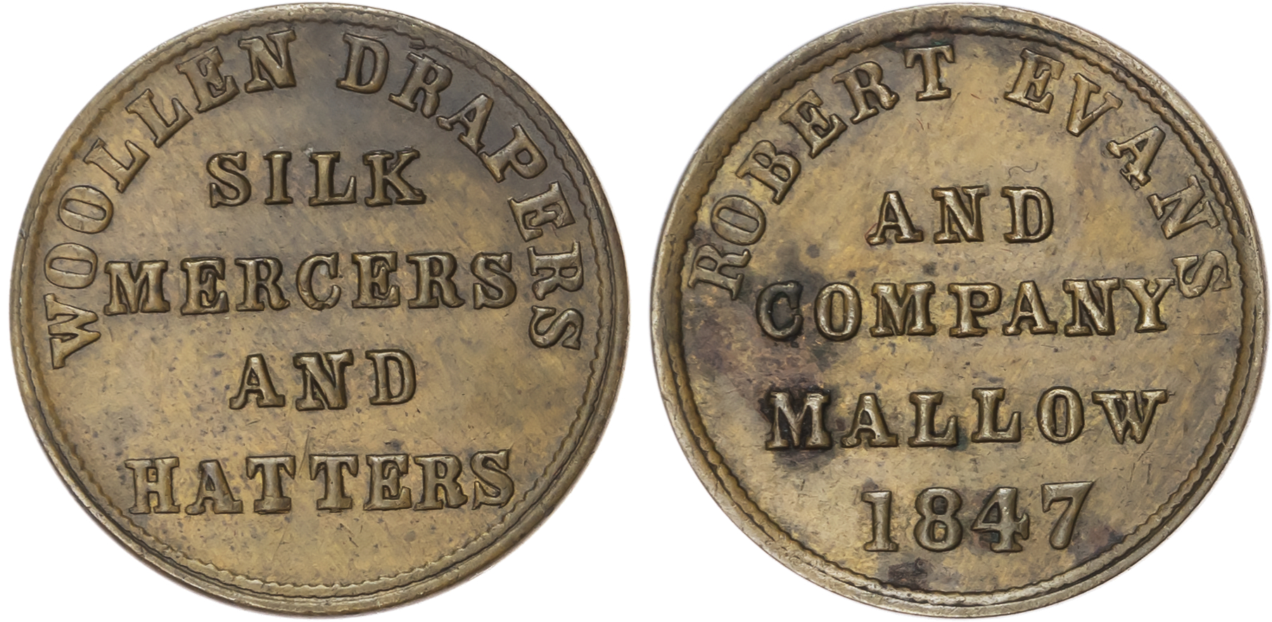 Mallow, Robert Evans & Co. ( woollen drapers, silk mercers and hatters ) farthing 1847, four-line legend/four-…