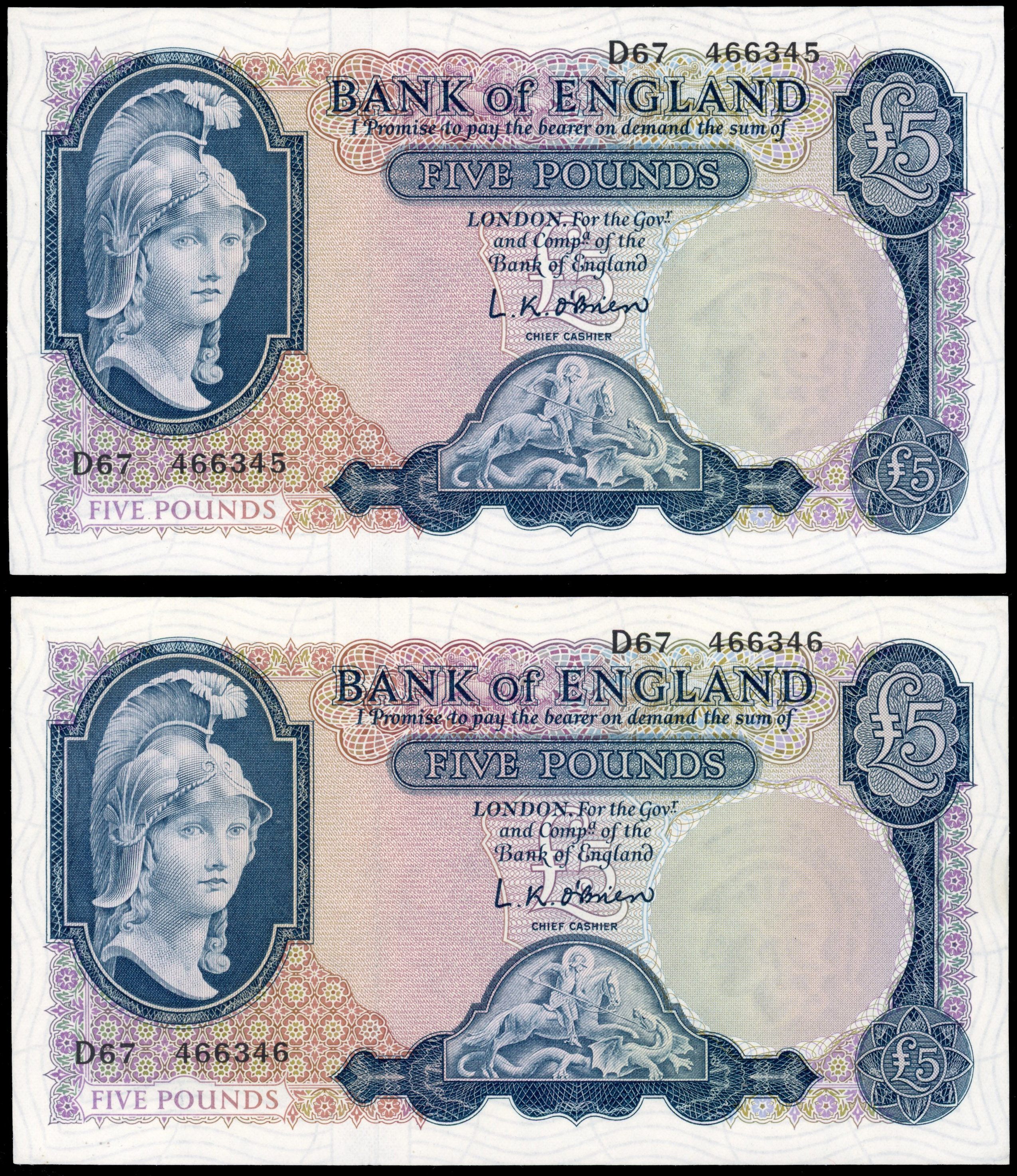 Bank of England, L K O’Brien, Series B, helmeted head of Britannia, Five Pounds, Feb. 1957, S67 466345 and 466…