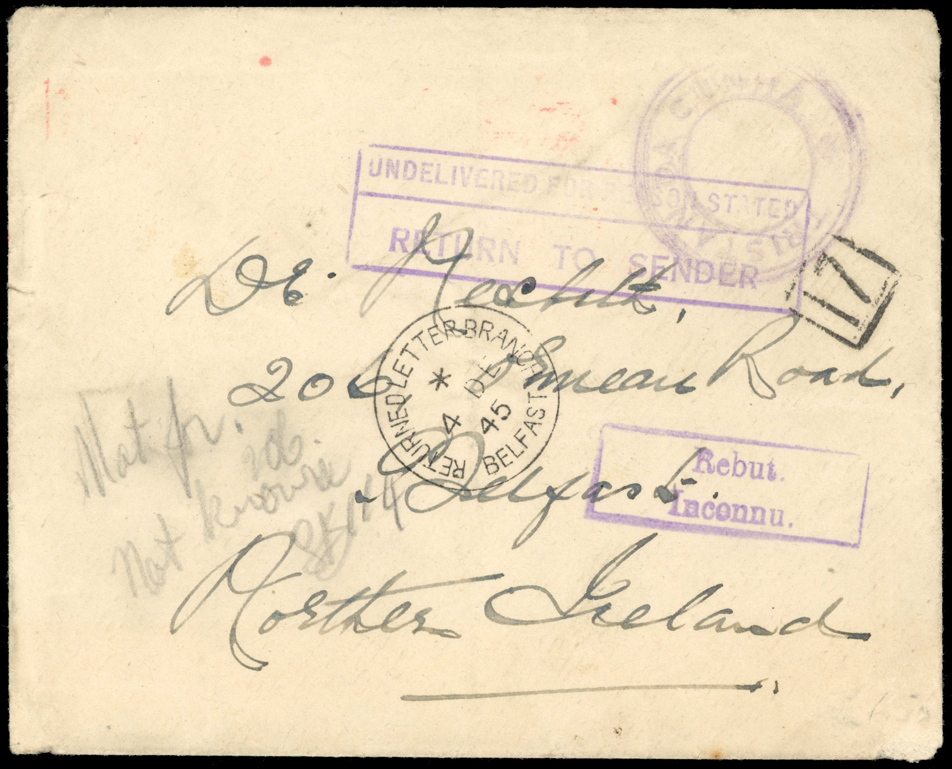 Tristan Da Cunha 1945 cover to Belfast returned