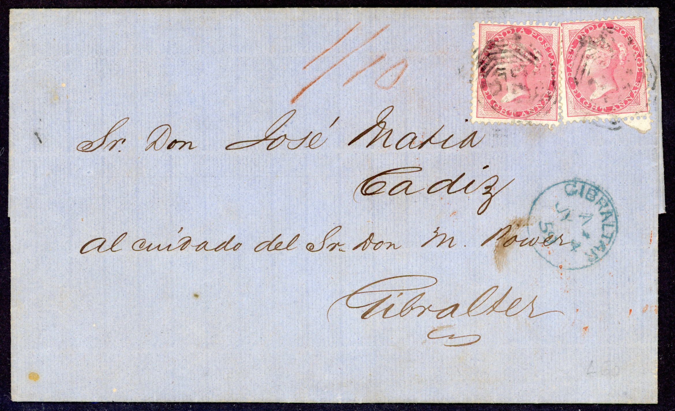 Straits Settlements SG Z78 1859 entire from Singapore to Spain with India 1856-66 8a carmine