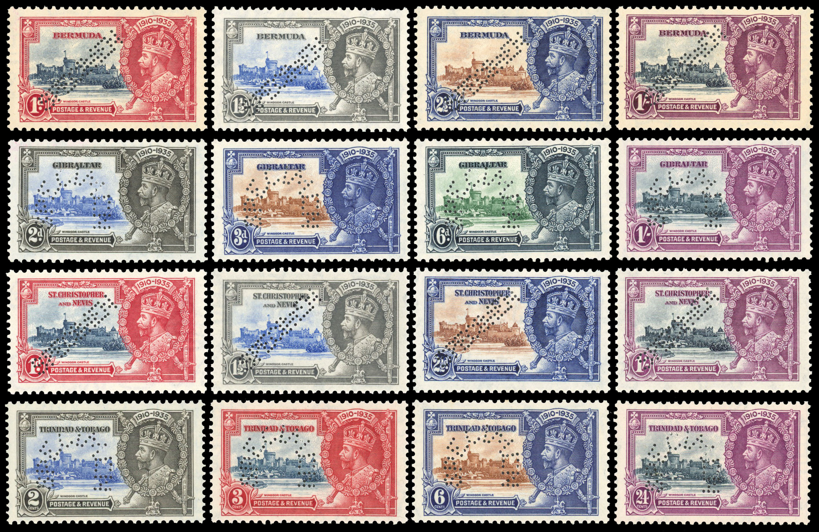1935 Silver Jubilee set perforated “SPECIMEN” for Bermuda, Gibraltar, Trinidad and Tobago and St Kitts-Nevis, mainly