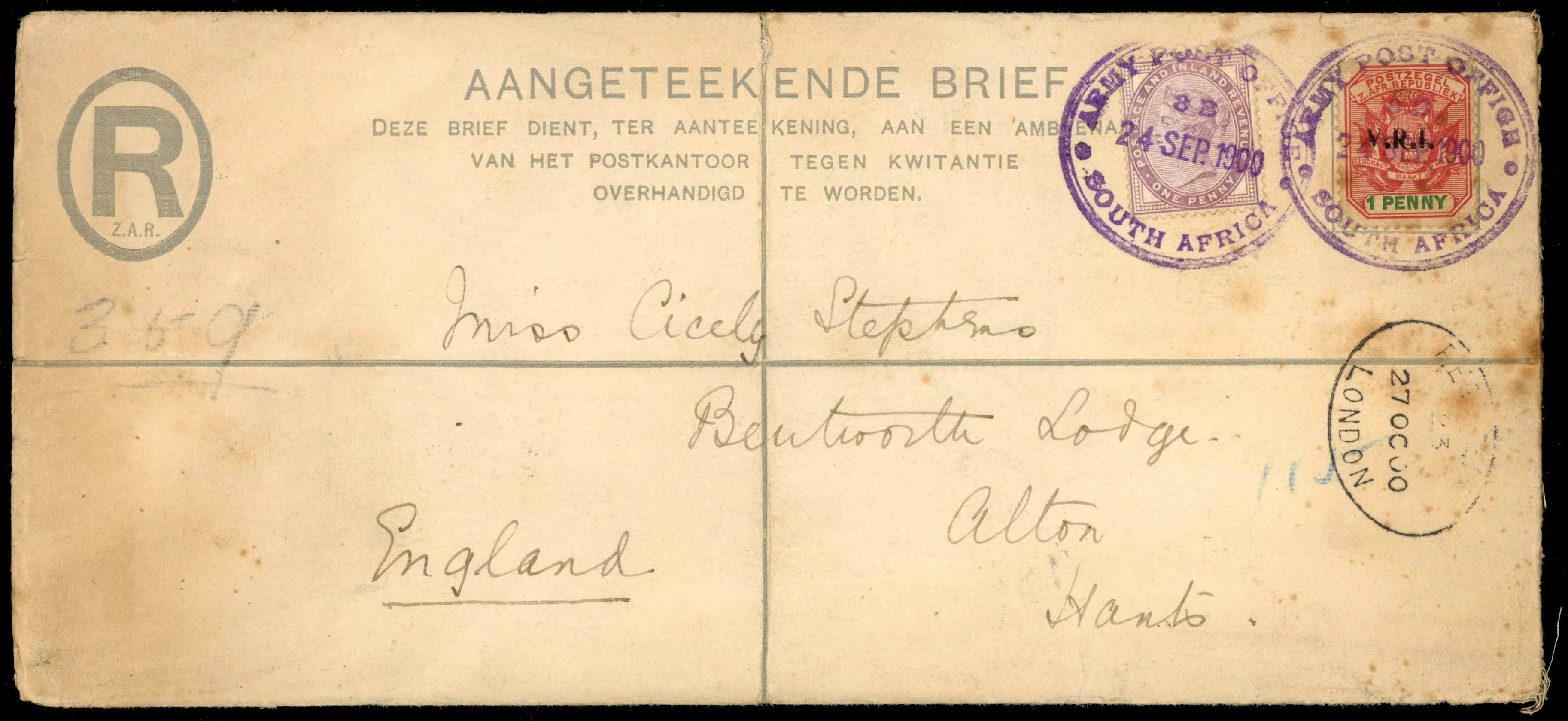 Transvaal 1900 2d V.R.I. size H2 registration envelope used Army Post Office ds