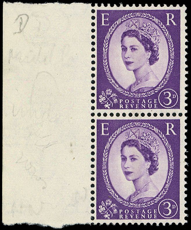 3d Deep violet, perforated left-hand marginal vertical pair on gummed Crowns watermarked (upright) paper, with a 2mm blue...