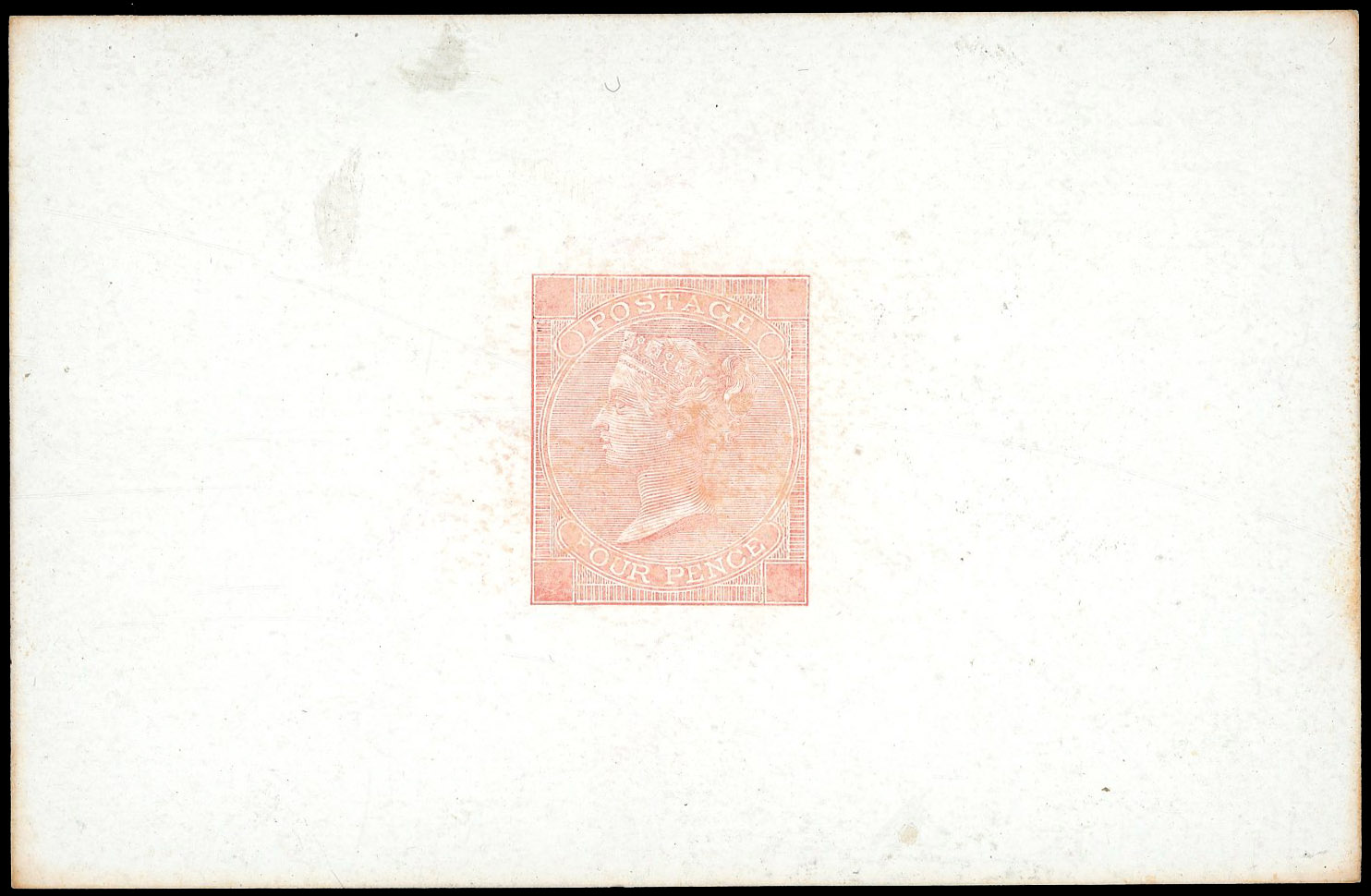 1867 4d Die proof. Fine example printed in vermilion on white glazed card (92x60mm) with void corner letters and plate n…