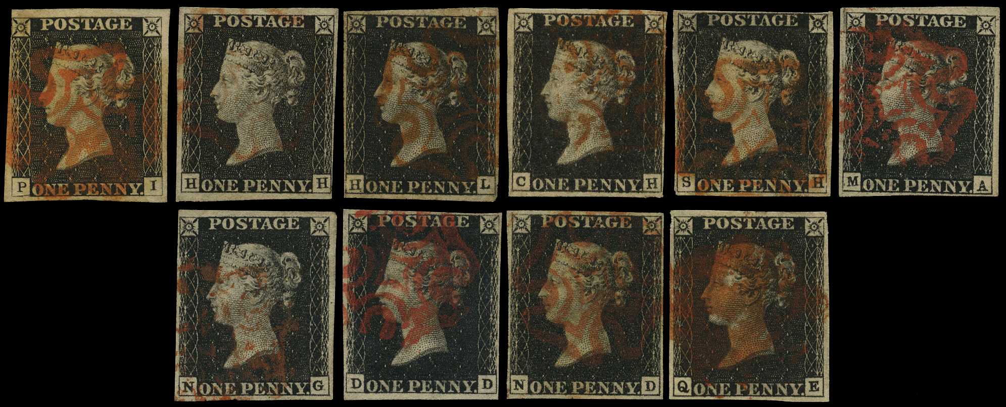 1840 1d black unplated selection of ten, up...
