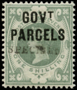 SGO68s 1890 1s Dull green (Govt. Parcels) "SPECIMEN"