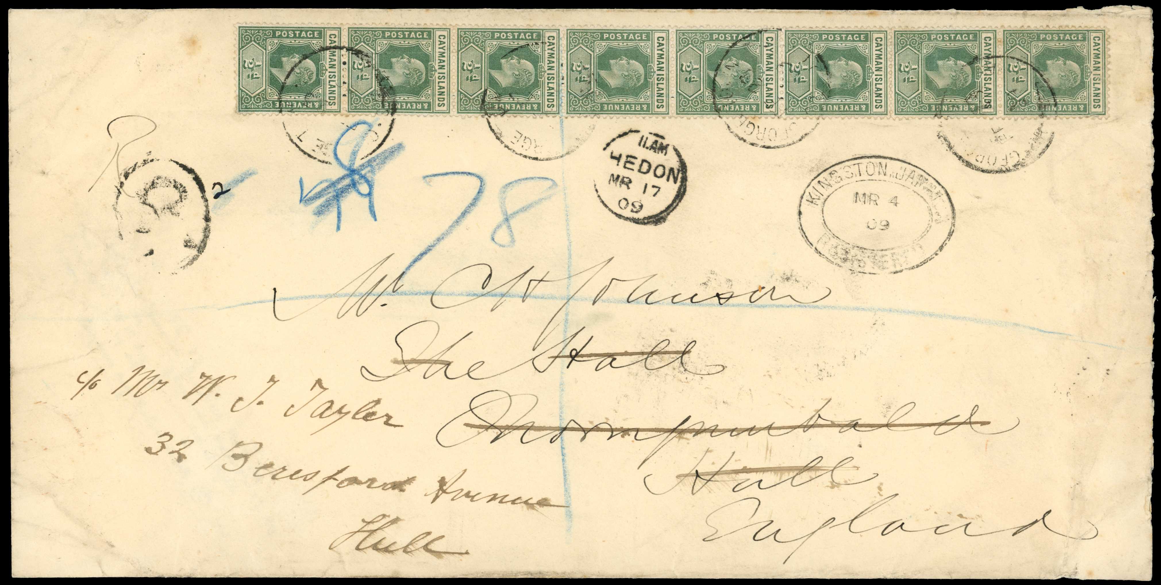 1909 Large registered cover to Hull, England...