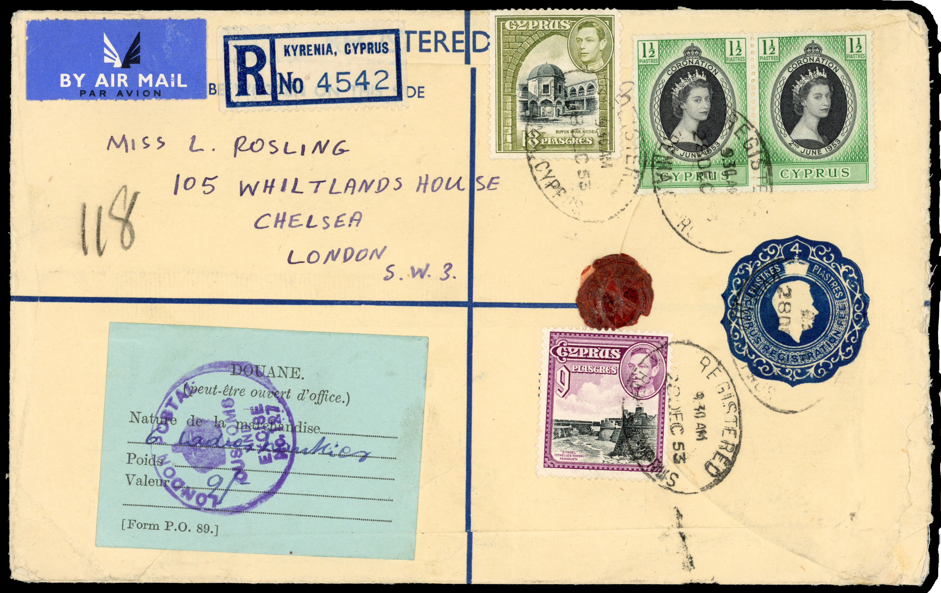 CYPRUS: 1953 KGVI 4pi registered stationery envelope (size H) to London , up-rated 2 x 1½pi Coronation, 9pi and 18pi tied