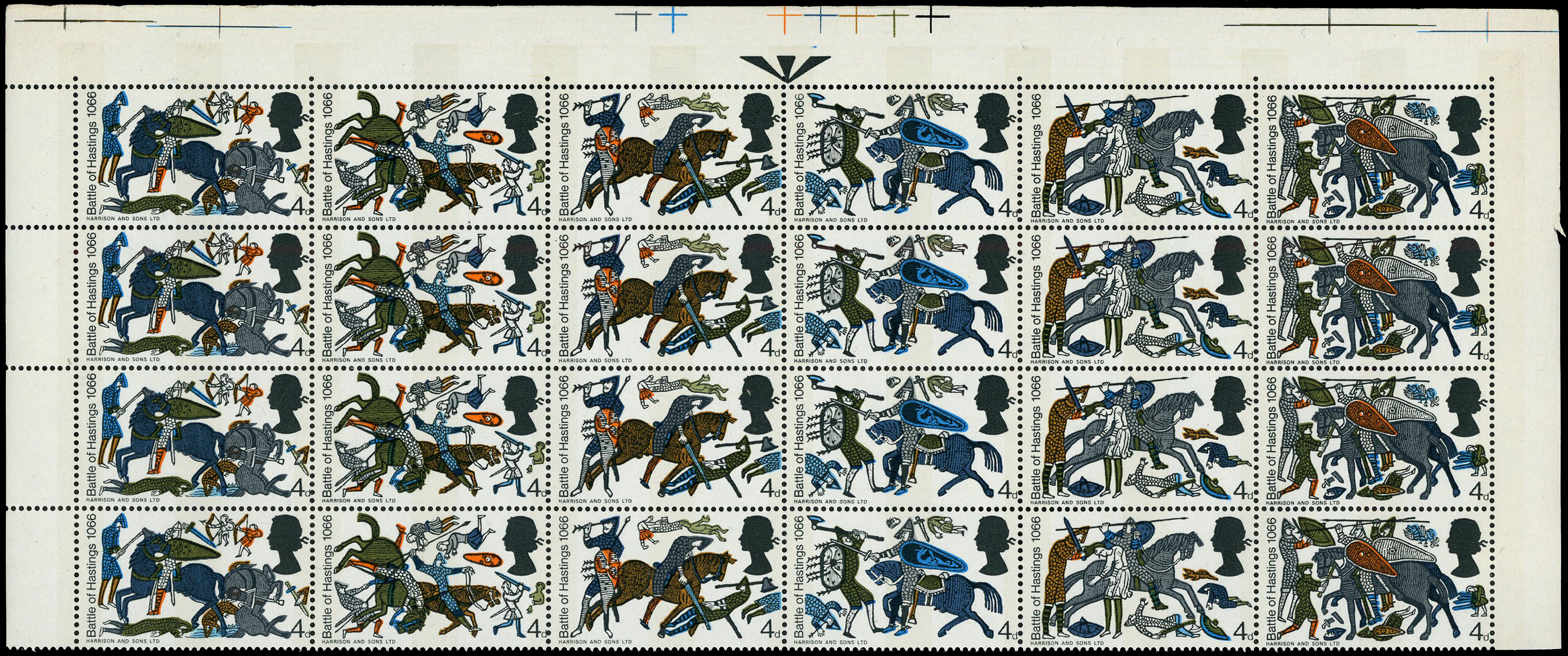 1966 4d 900th Anniversary of Battle of Hastings phosphor, block of 24 with magenta and green omitted.