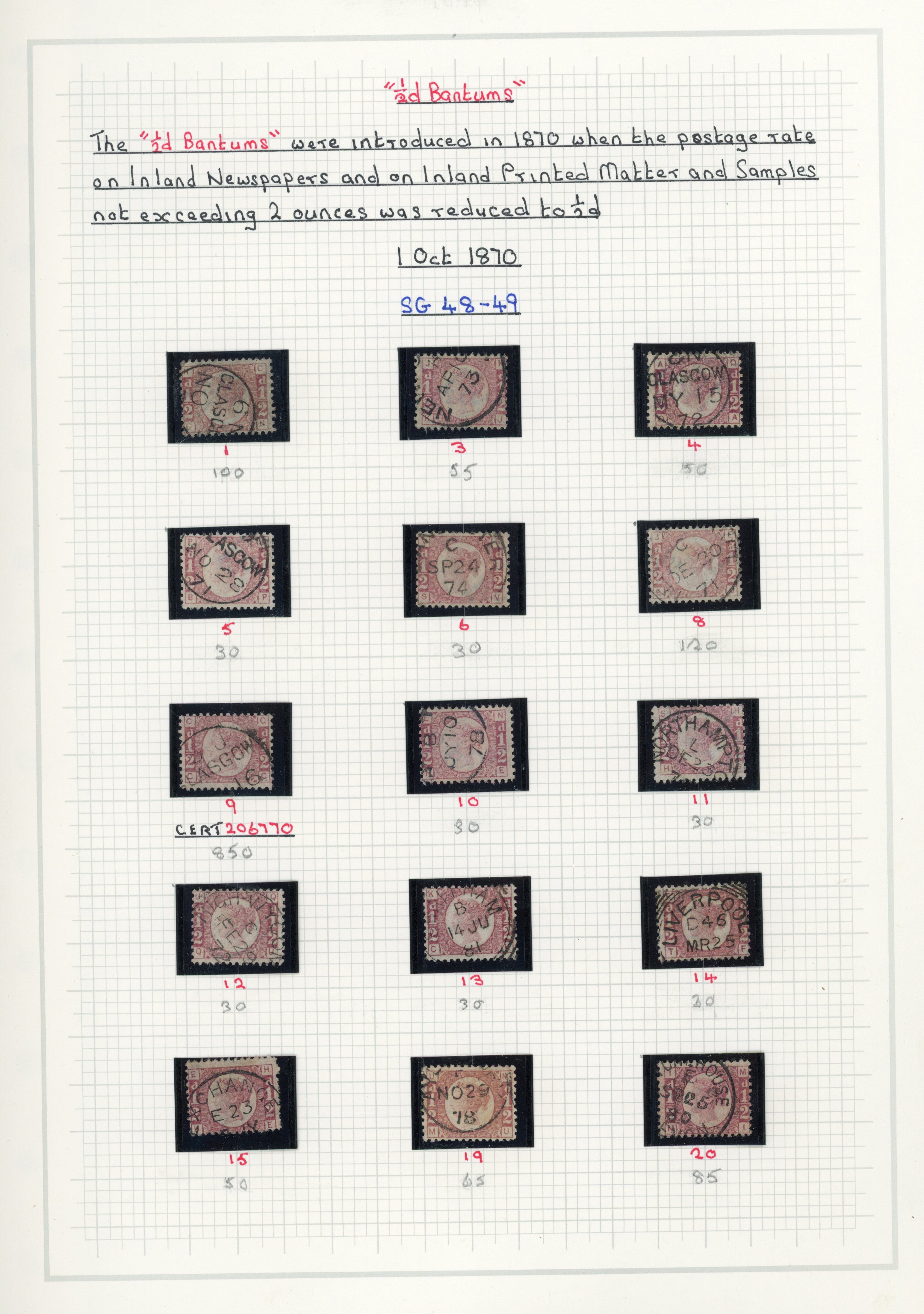 GB 1870-79 ½d rose-red Plates 1-20, all used with cds cancels, SG 48/49