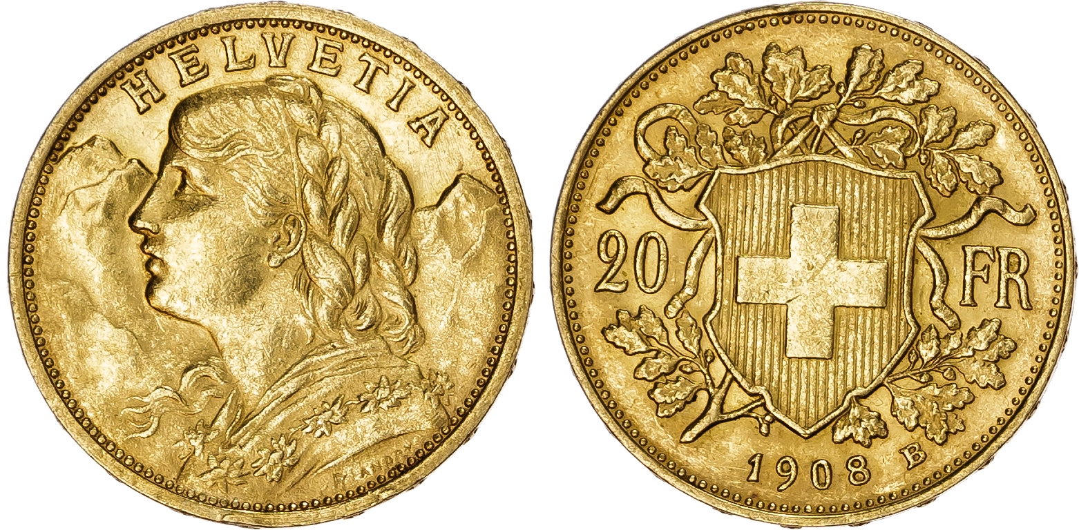 Switzerland. Confederation AU 20 Francs "Vreinli". 1908B. 