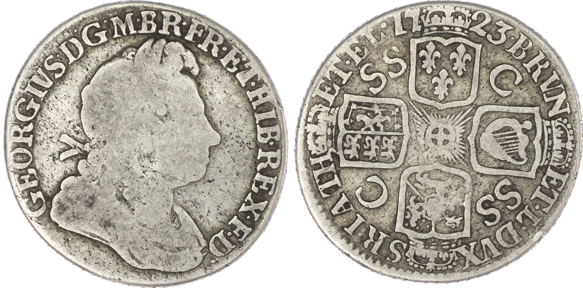 George I (1714-27), Shilling, 1723 South Sea Company, Date at the French arms variety, first laureate and draped bust right,