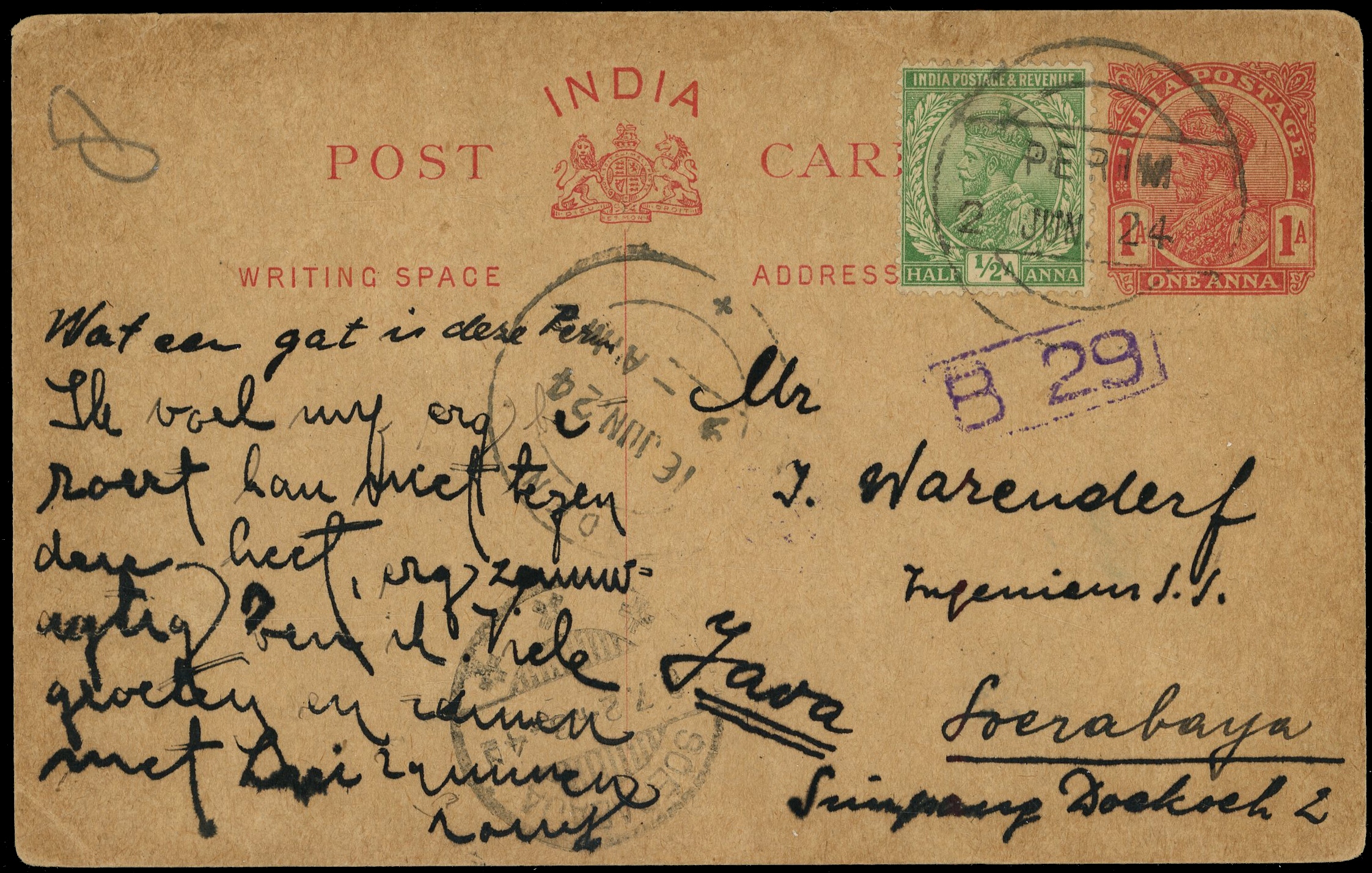 ADEN: 1924 1a red postcard addressed to Dutch East Indies with ½a green tied “PERIM/2 JUN. 24”