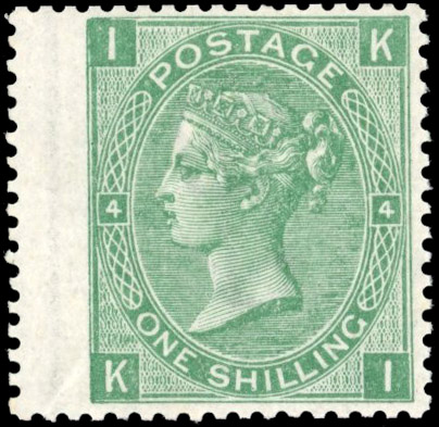 GB: 1867 1s green, plate 4 (KI), mint large part og