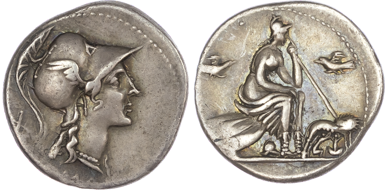 Anonymous (115-114 BC) AR Denarius, Rome, 3.90g. ROMA, helmeted head of Roma facing right, mark of value behind. Rev. Roma