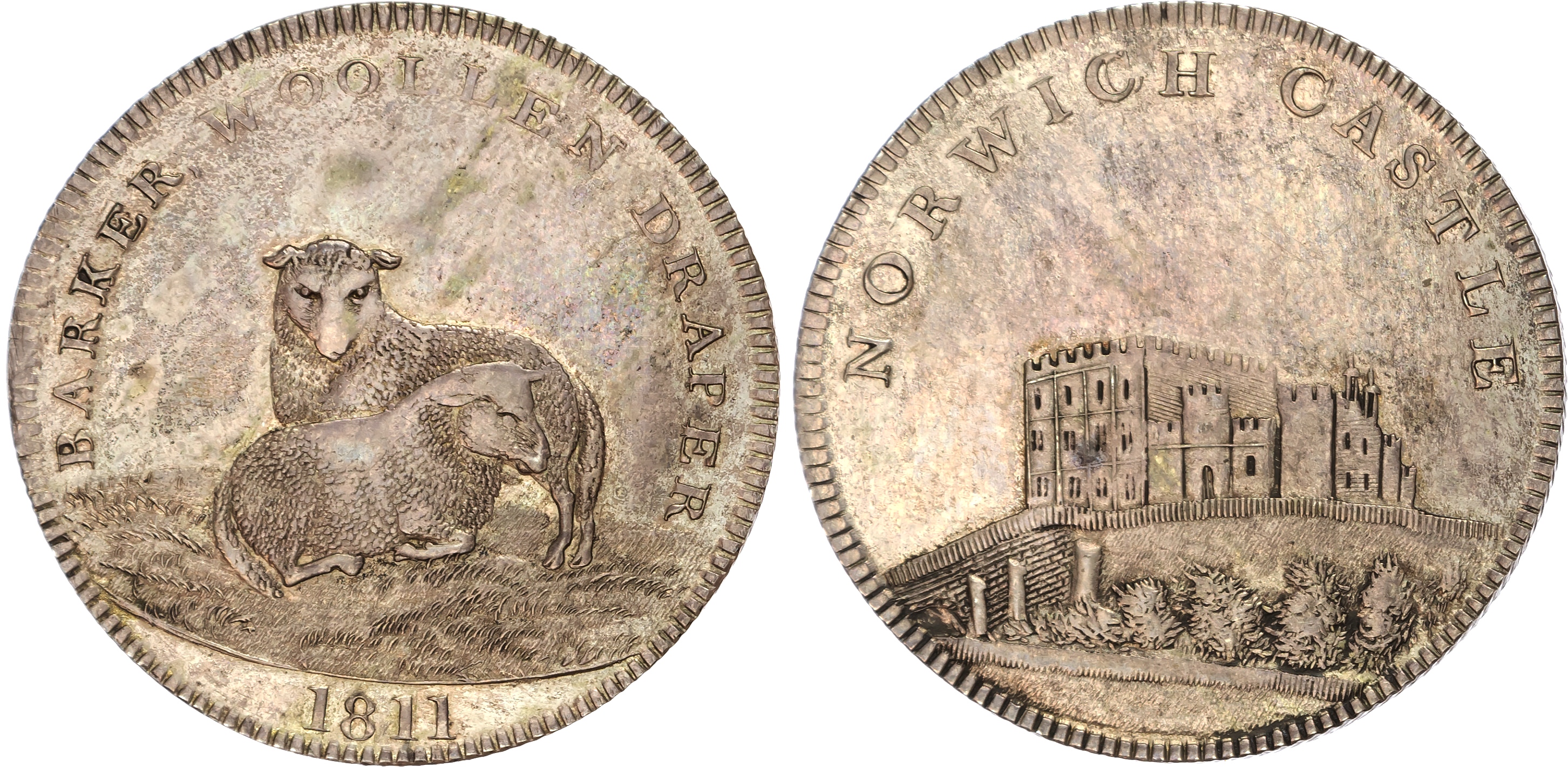 NORWICH Norf. John Barker (woollen draper & haberdasher), SILVER Penny 1811, Two sheep, rev. view of Norwich C…