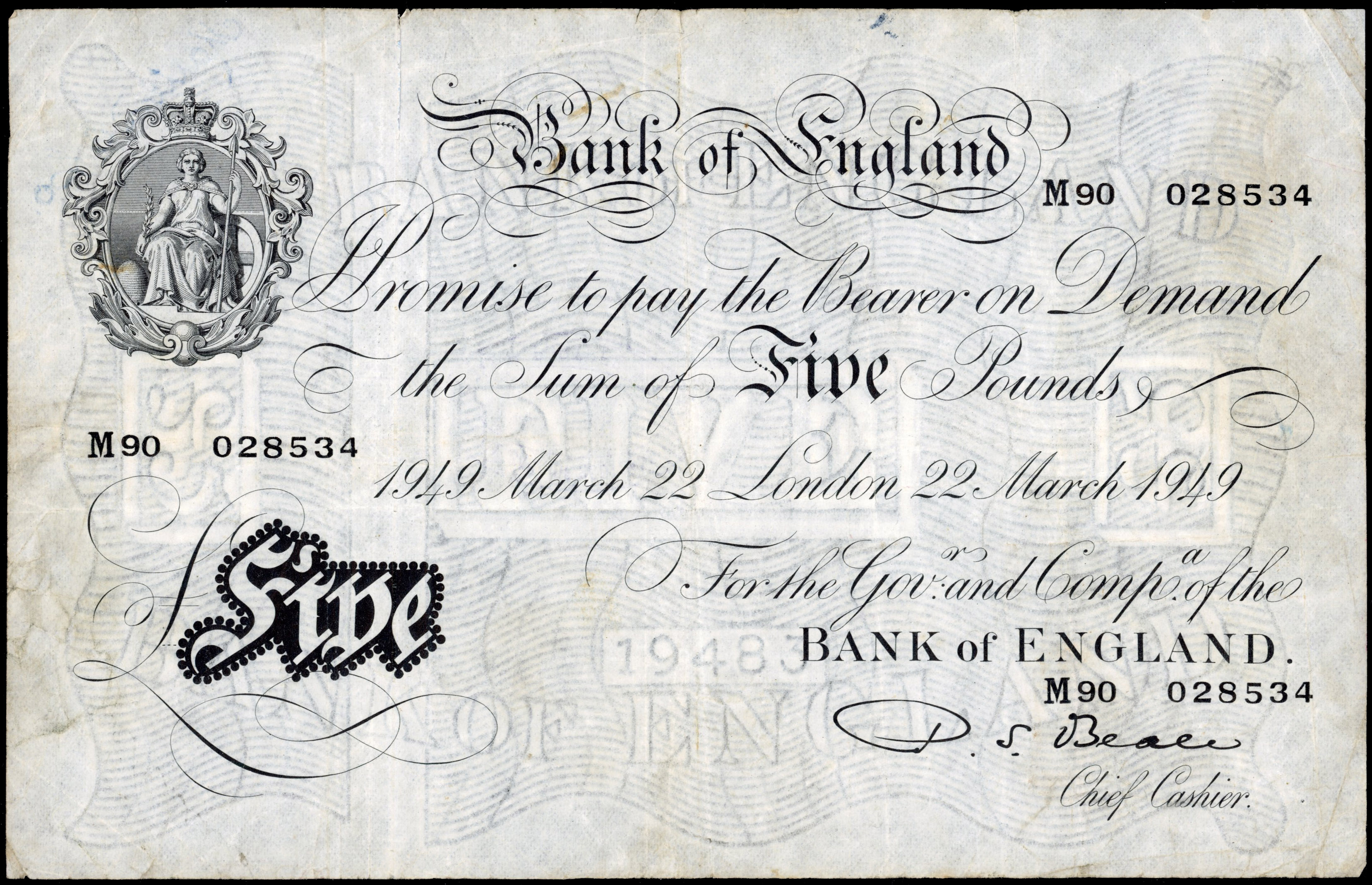 Bank of England, P S Beale, White Five Pounds, London, 22 Mar 1949, M90 026534, (Dugg. B270). Good Fine, small…