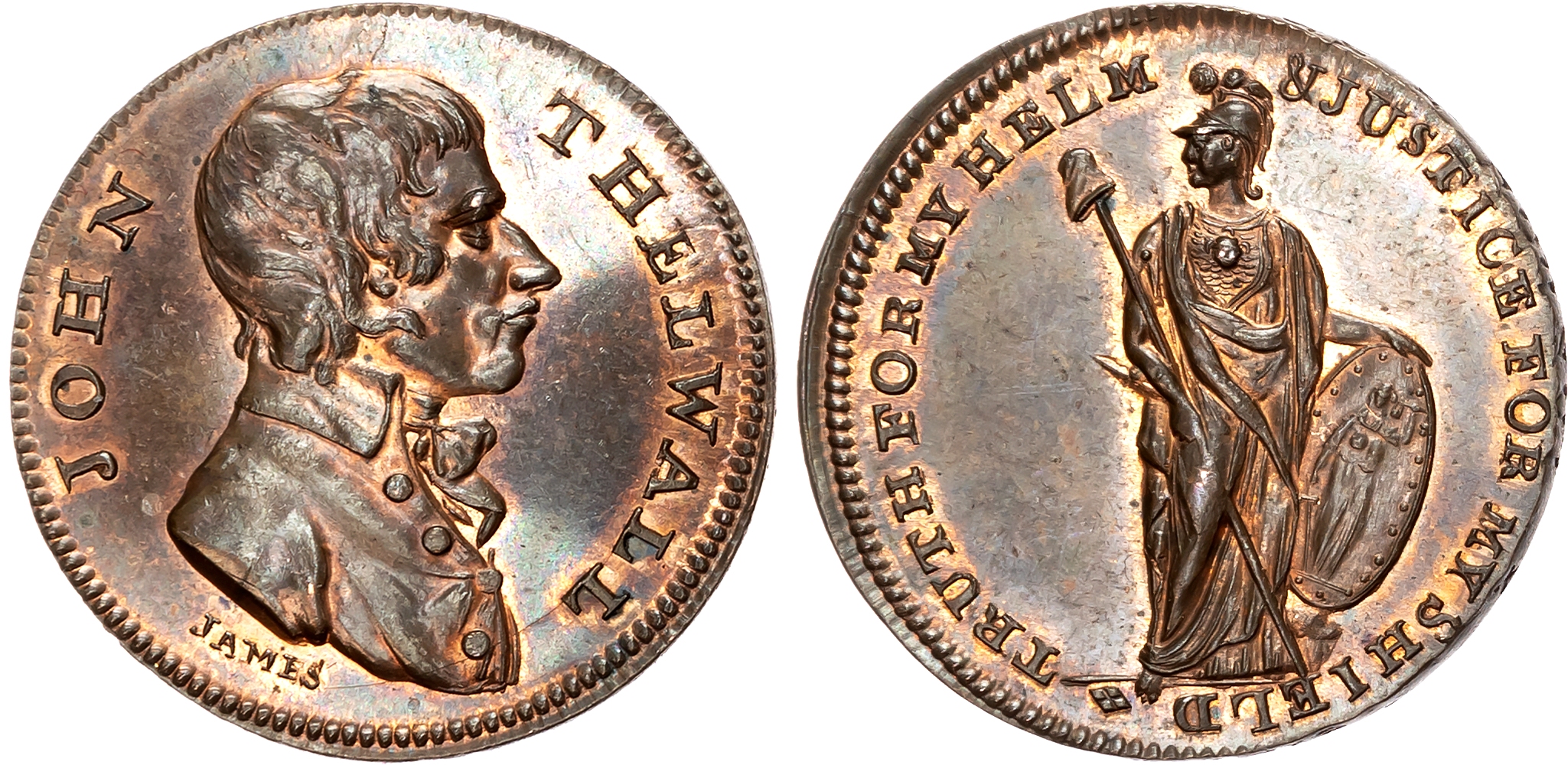 London, High Holborn , Thomas Spence Halfpenny, Bust of John Thelwall, rev. Minerva standing, edge SPENCE DEALER IN COIN …