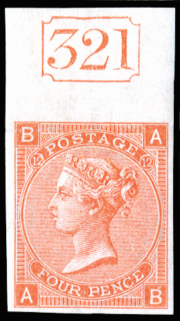 GB SG94var 1870 4d Vermilion Pl.12.  Imprimatur letterred AB