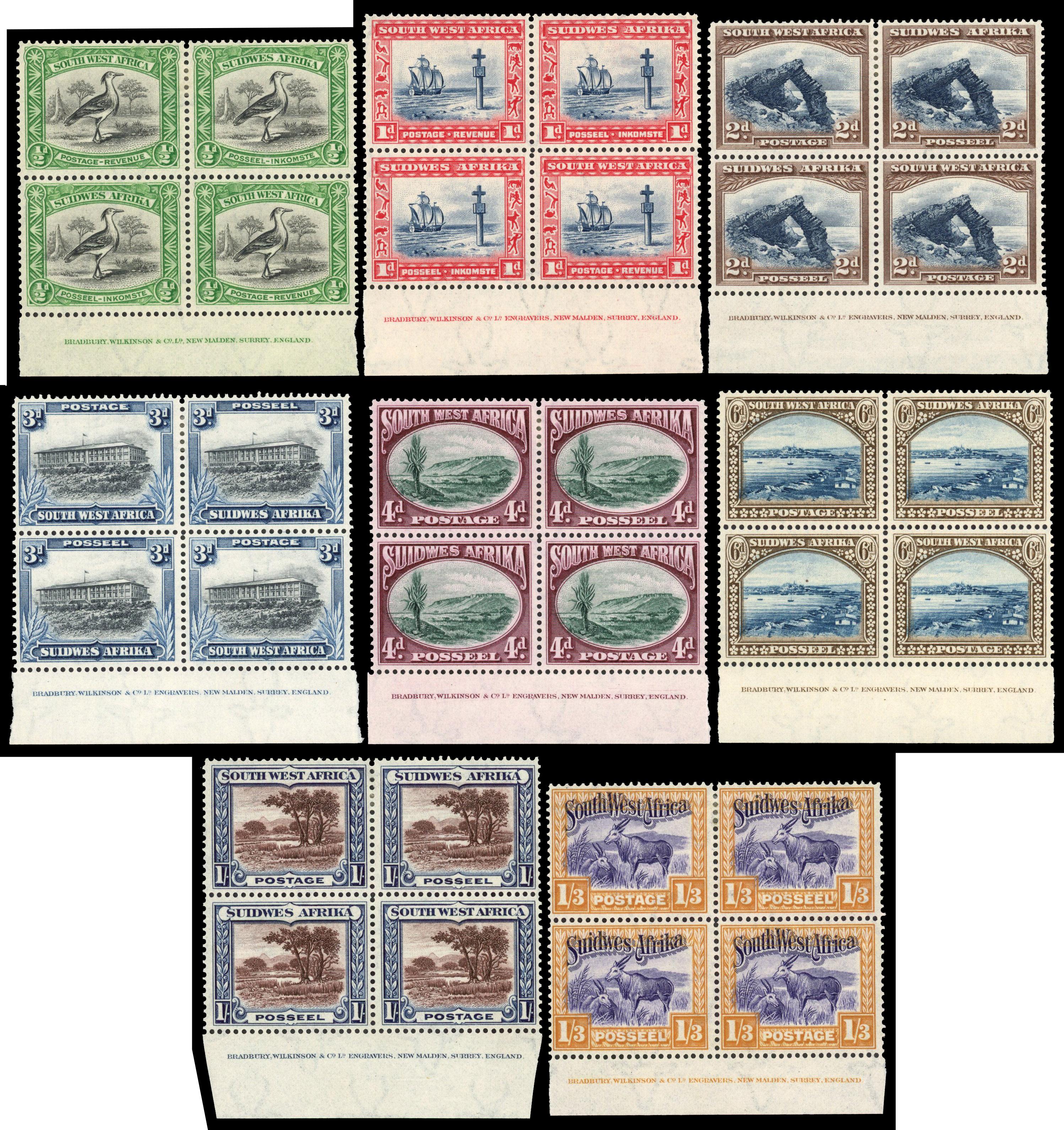 South West Africa 1931 Pictorial set of 14 imprint blocks