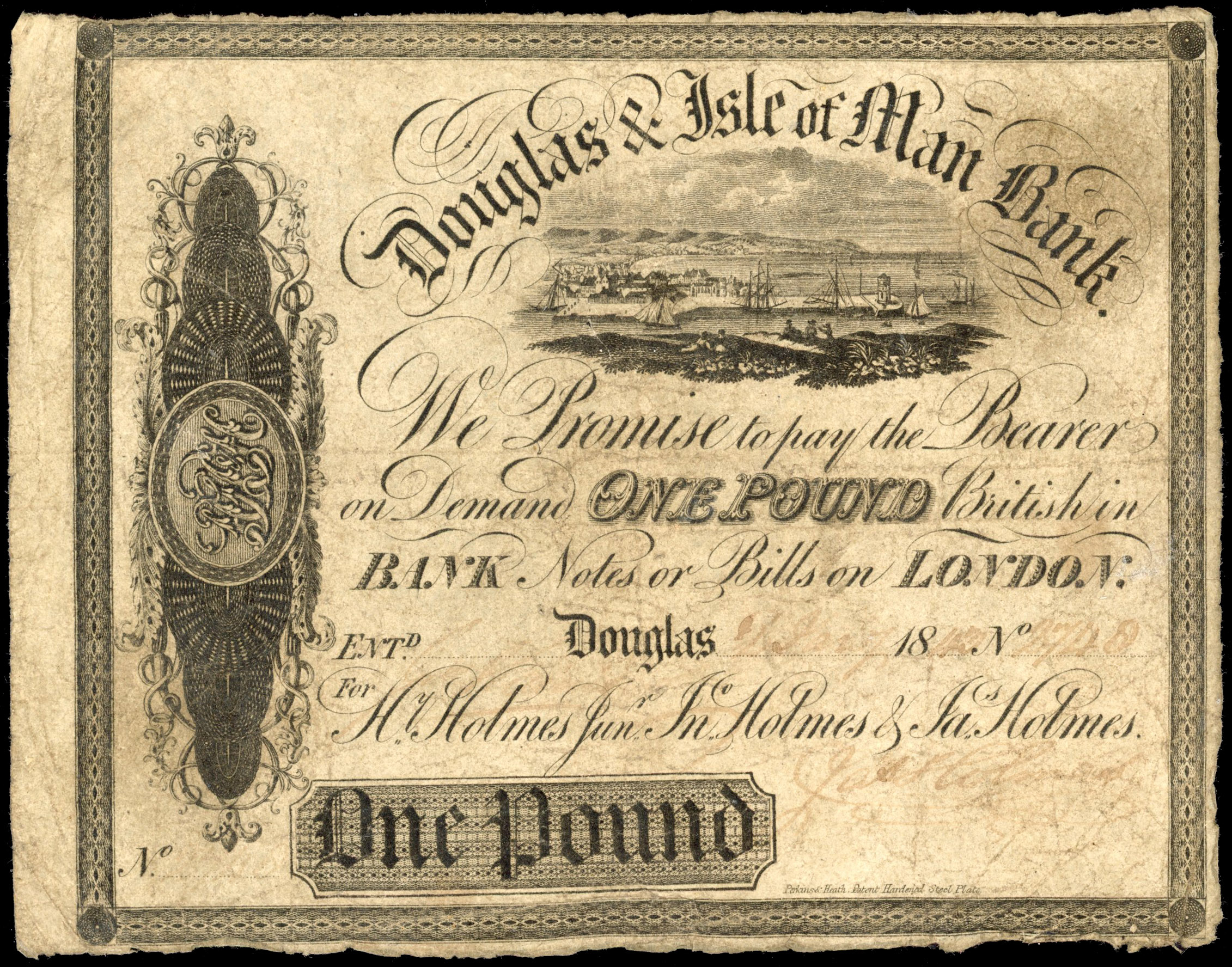 DOUGLAS, Douglas & Isle of Man Bank, for Hy. Holmes Junr. Ino. Holmes & Jas. Holmes £1.,1 January 1848, serial…