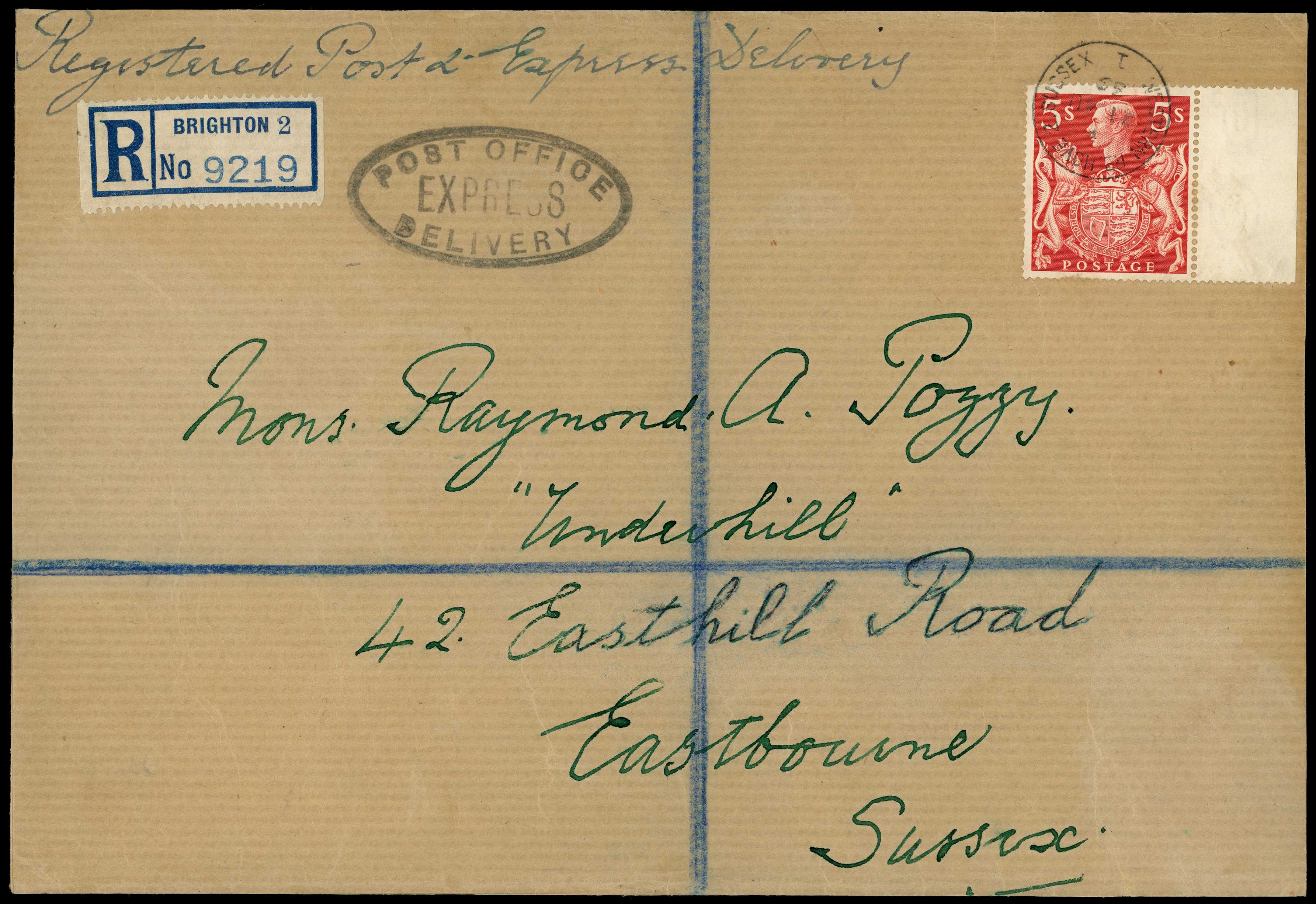 1939 5s red tied to registered envelope by...