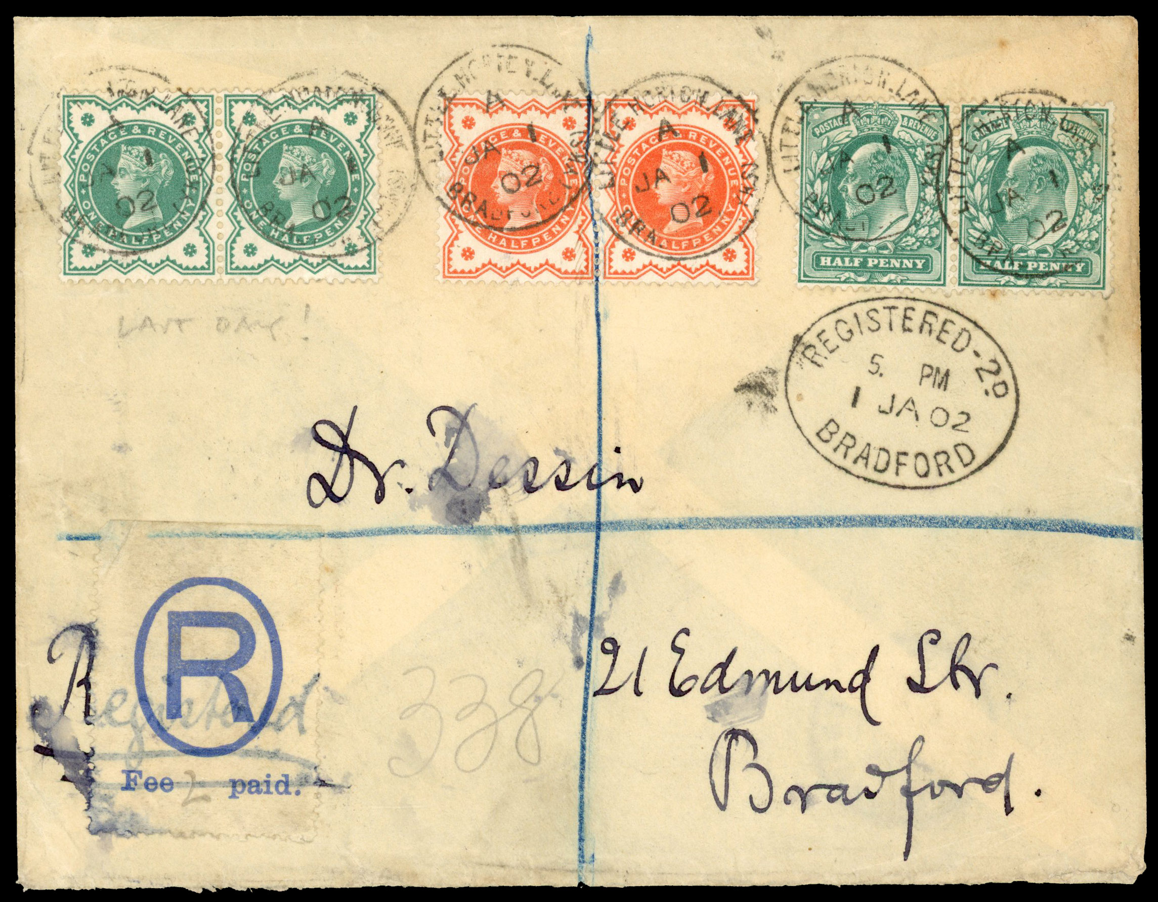 1902 Registered mail. Fine registered envelope SG215 fdc