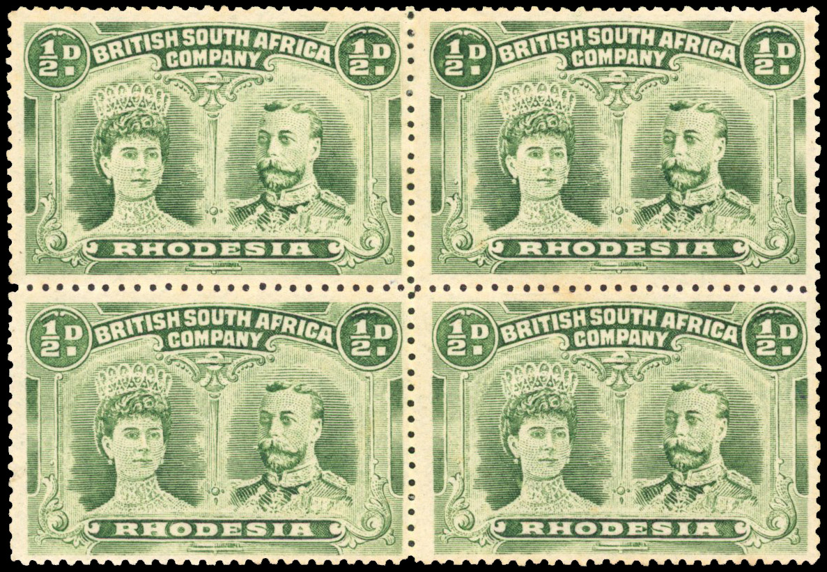 Rhodesia 1910-13 ½d emerald perf 14 block of 4