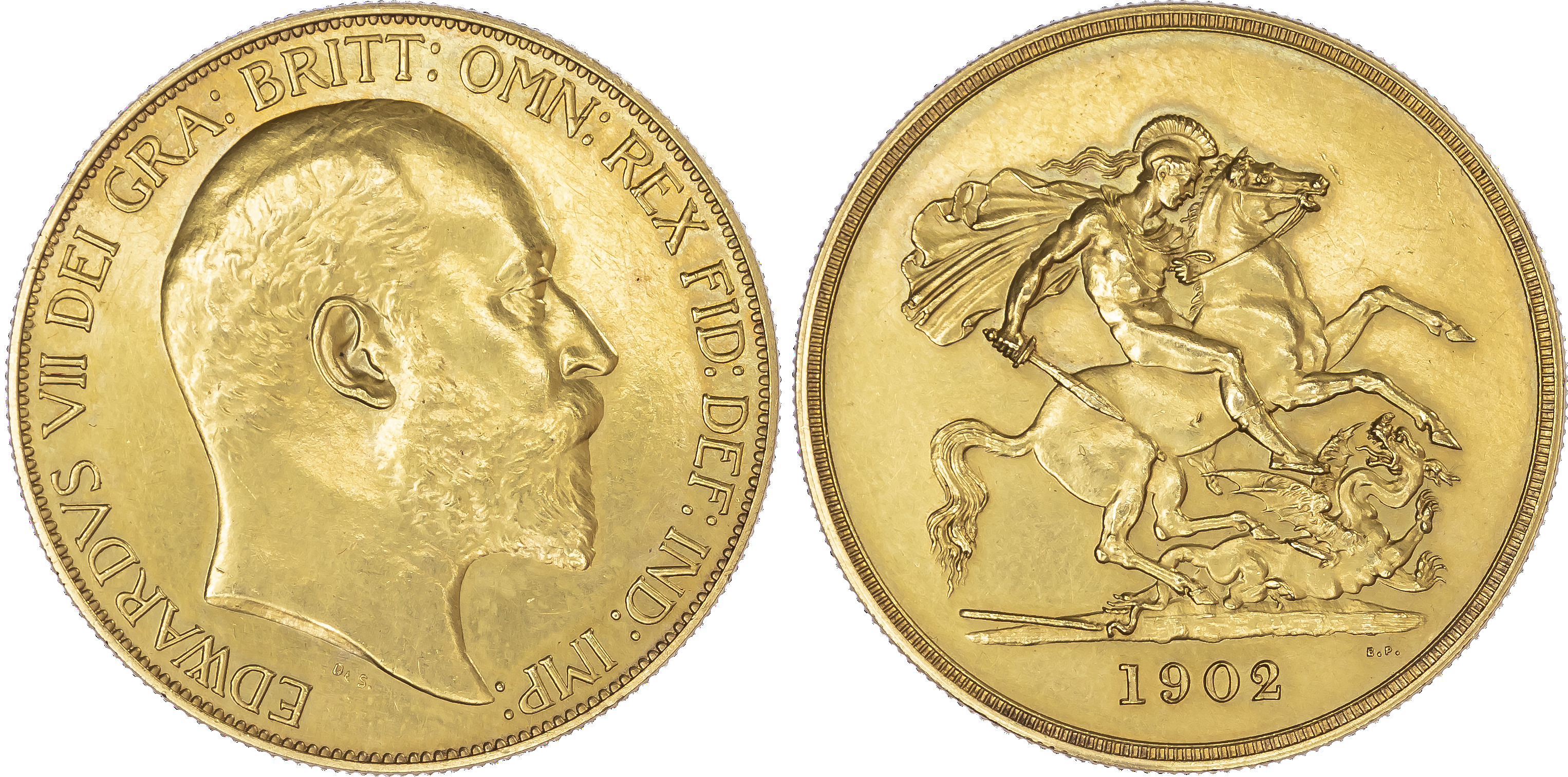 Edward VII (1901-1910), Matte Proof Five Pounds, 1902, bare head right, reverse St. George and the
dragon (S.3966). About...
