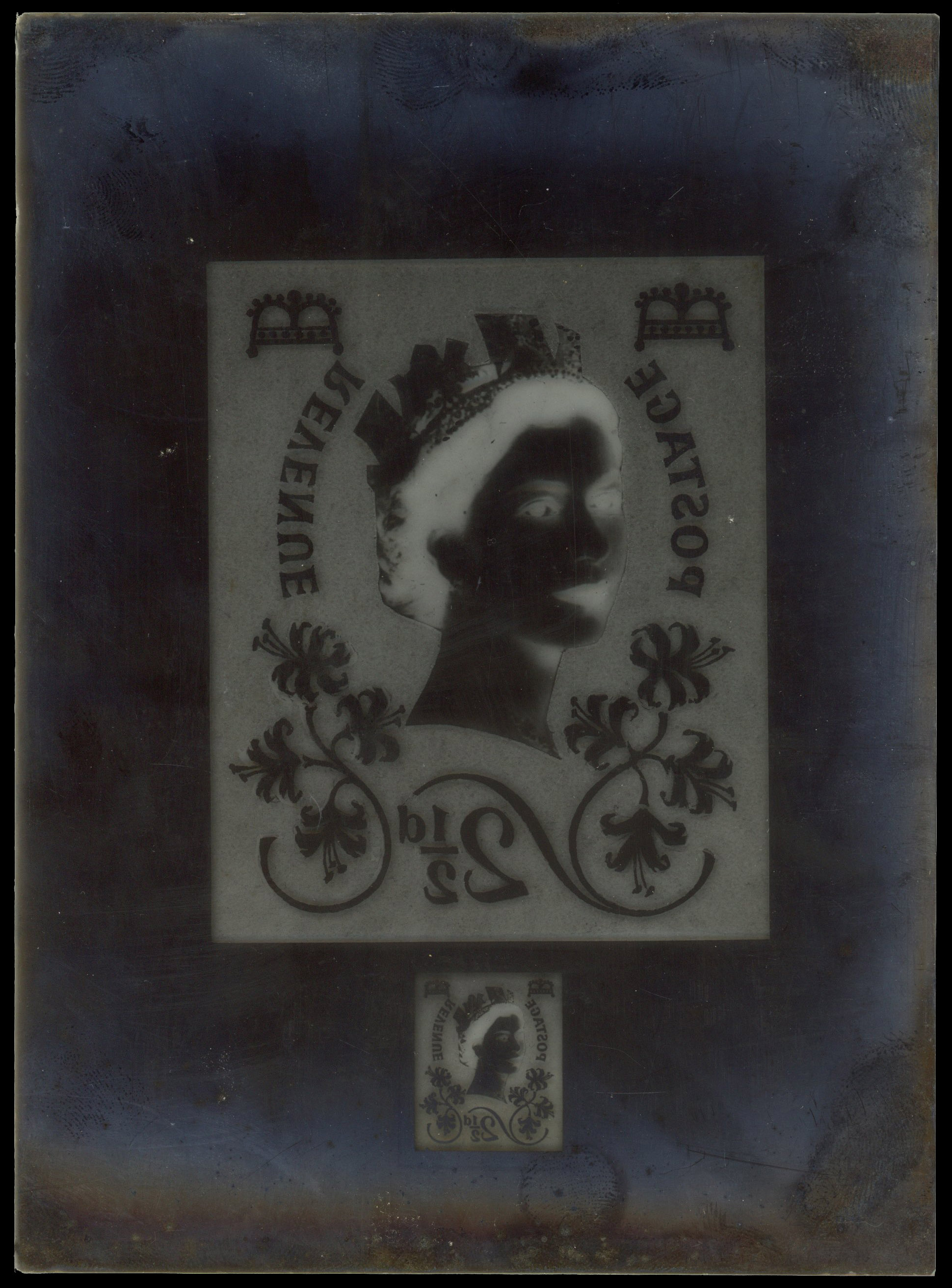 c.1950s glass negative for an essay of an unadopted Wilding design for the 2½d value