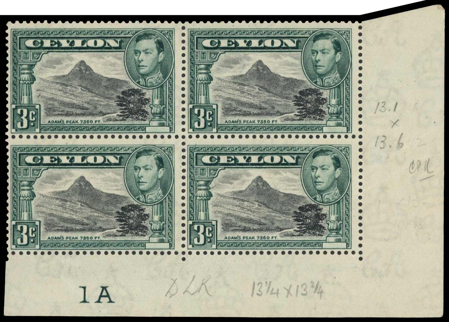 Ceylon SG 387a Plate block mint
