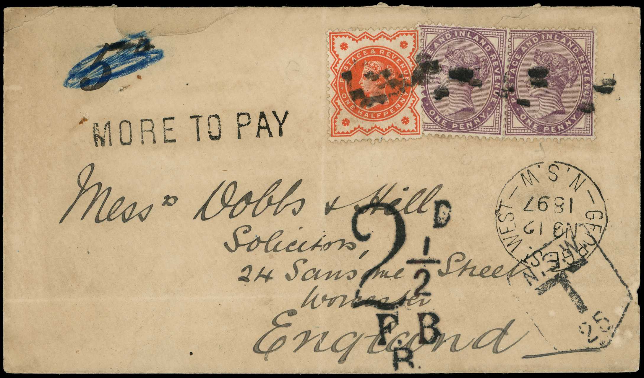 Postal History. 1897 incoming envelope...