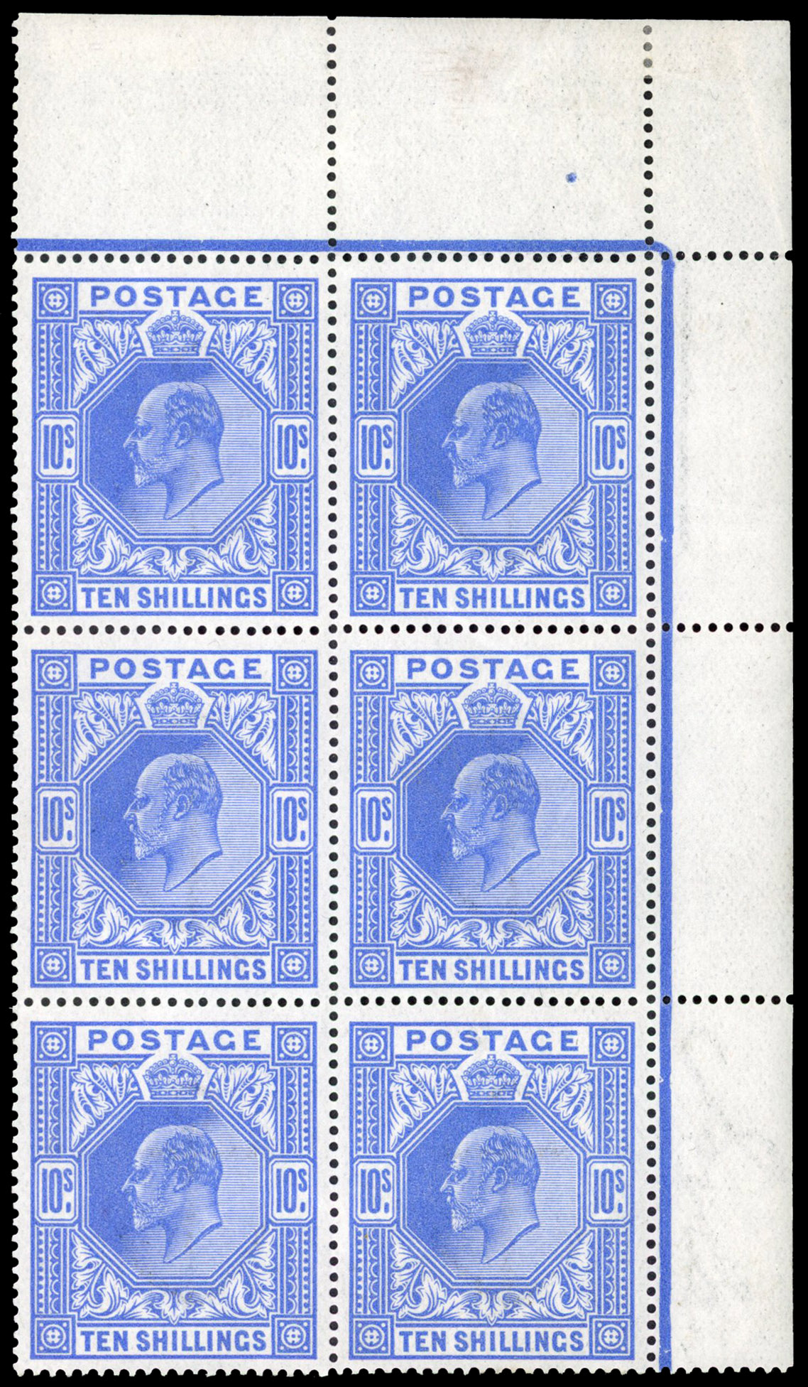 Great Britain KEVII 10/- SG 319 mint block of six