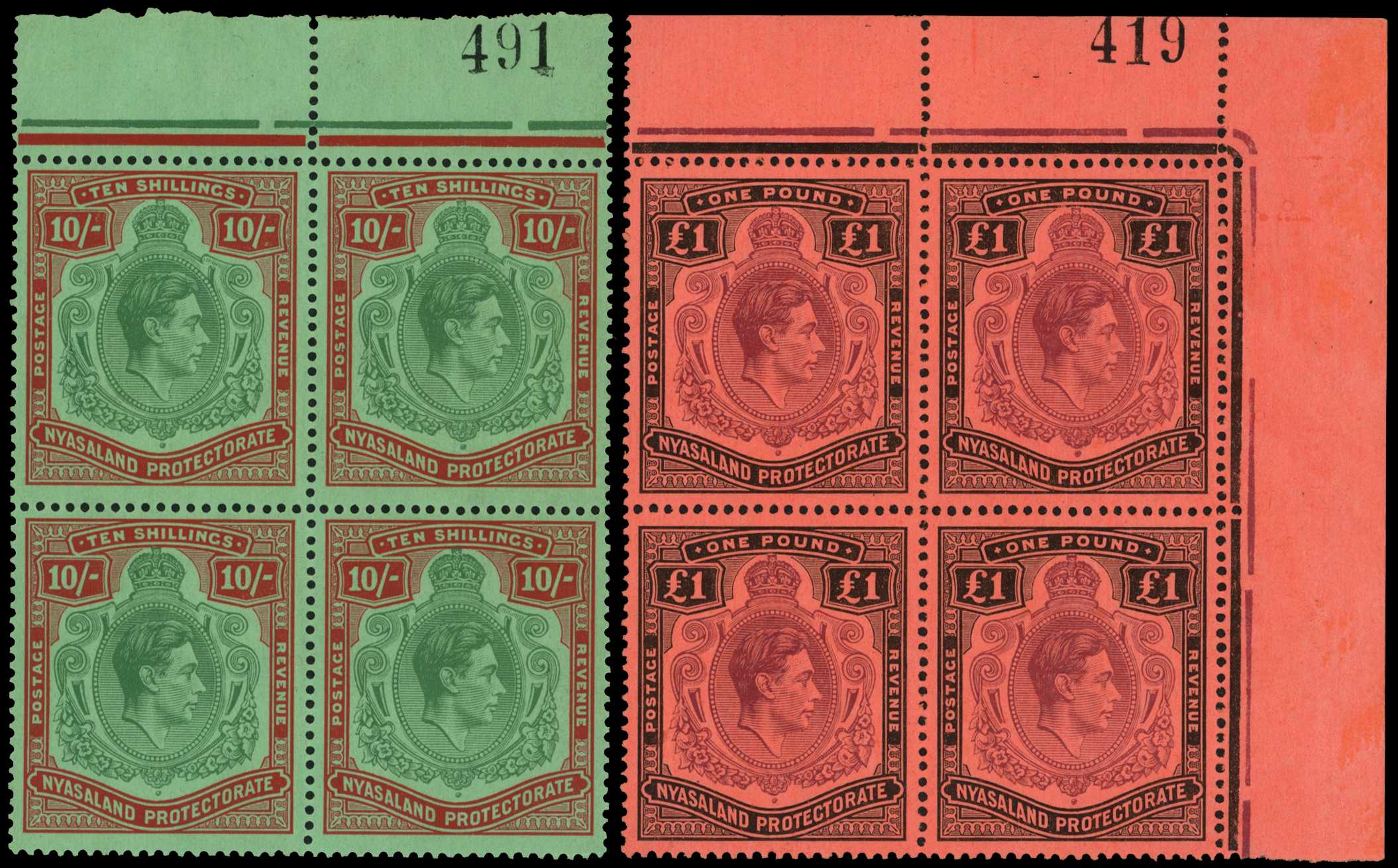 1938 10/- and £1 top marginal blocks with...