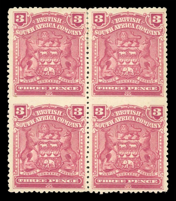 Rhodesia 1898-1908 3d claret, perf 13½x15½, mint block imperf between