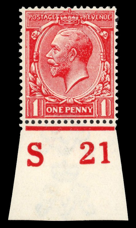 GB: 1912-24 1d deep carmine-red, mint large part o.g. control S21 with lovely fresh deep colour