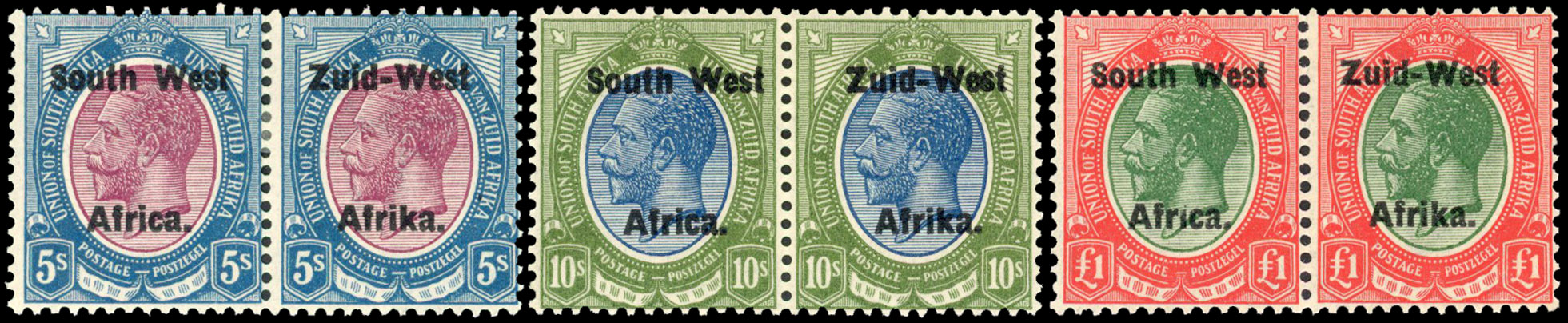 SWA South West Africa 1923 5s, 10s, £1, setting II set of 3 superb mint S.G. 13/15