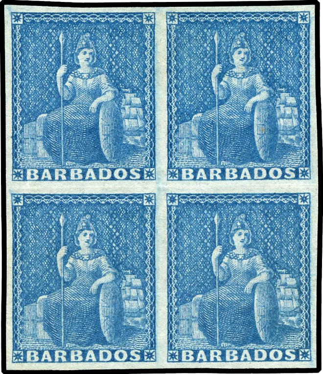 1861-78 no wmk 1d blue, imperforate block of four, fine large part og